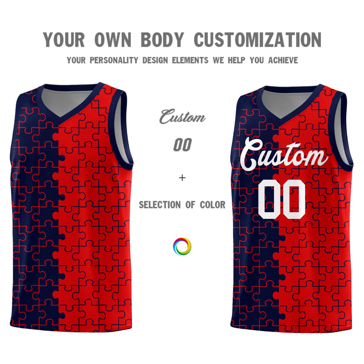Custom Youth Basketball Jersey Navy Red Puzzle Pattern Personalized Team Uniform