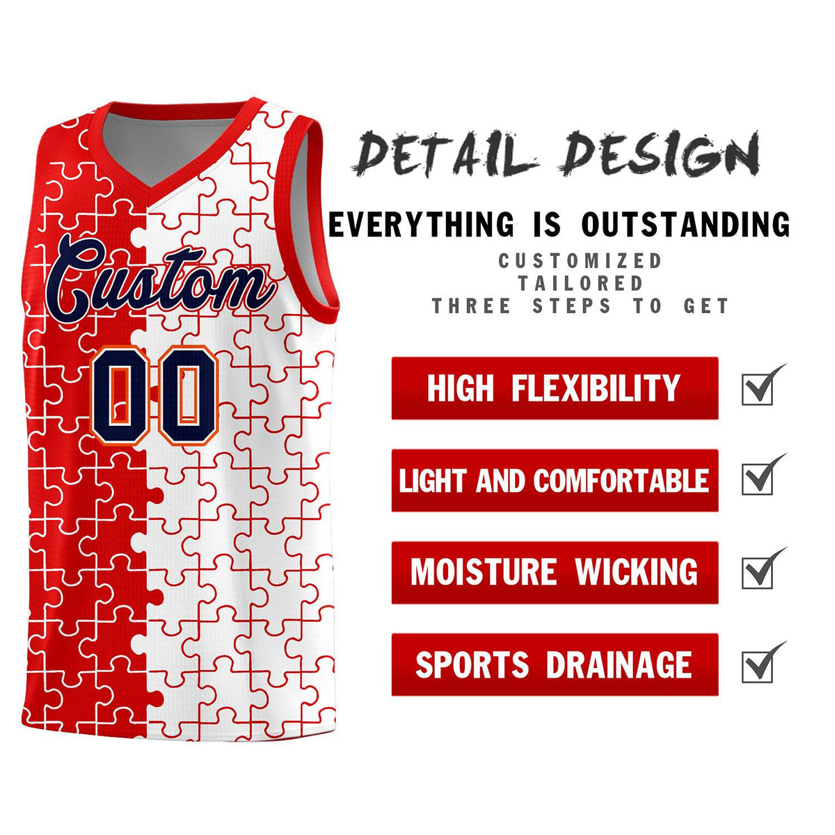 Custom Youth Basketball Jersey Red White Puzzle Pattern Add Name, Number &amp; Team Logo
