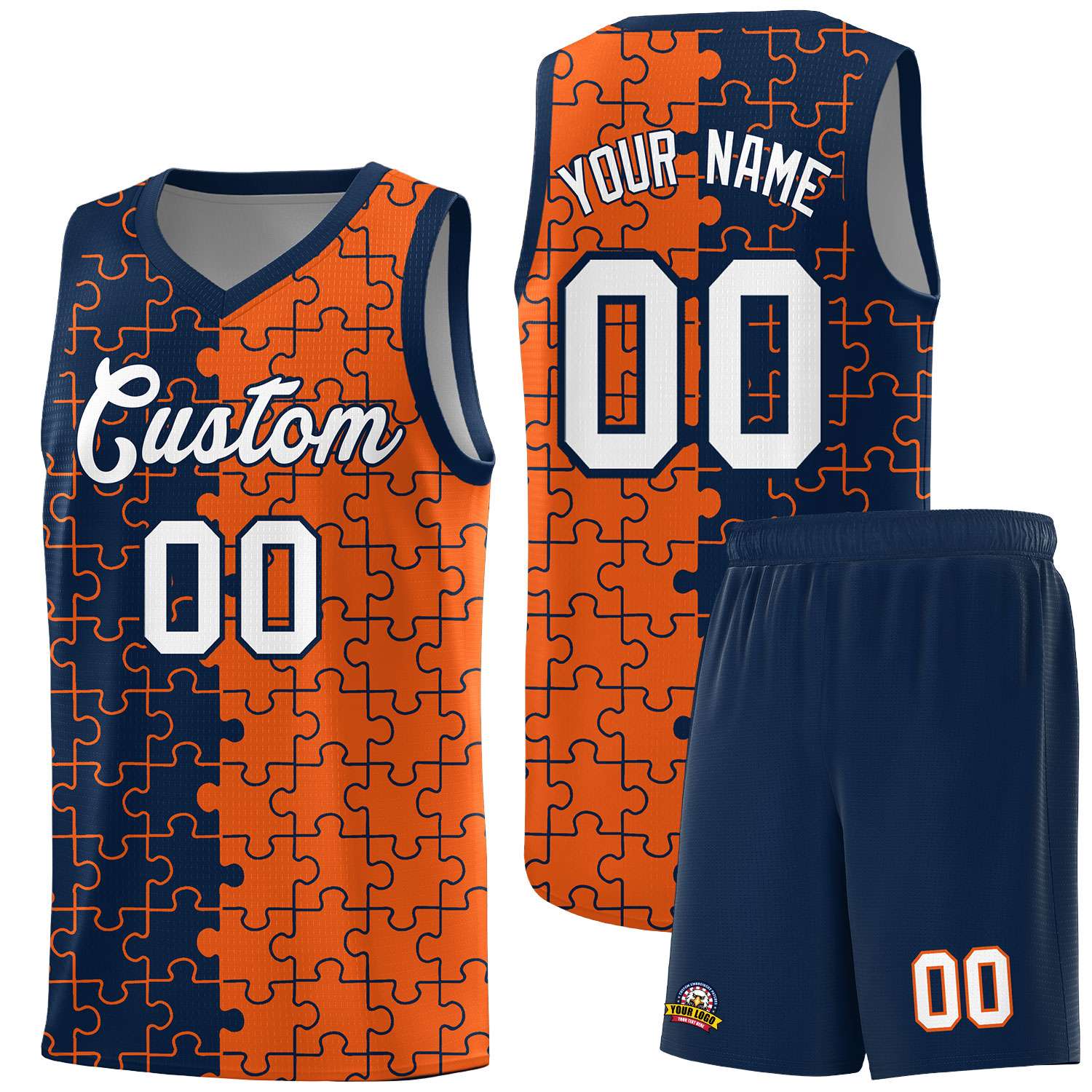 Custom Youth Basketball Jersey Navy Orange Puzzle Pattern Breathable Team Uniform