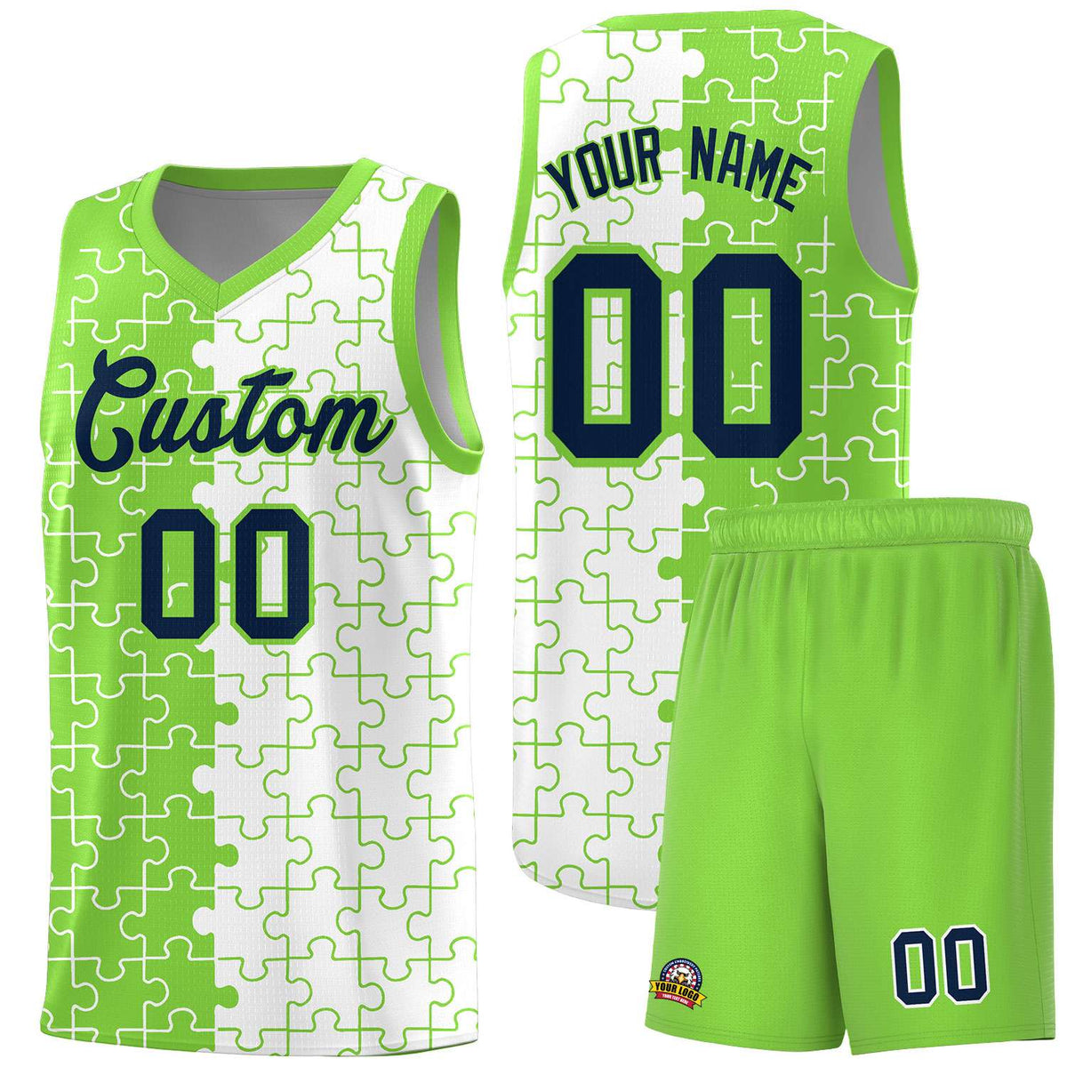 Custom Youth Basketball Jersey Fluorescent Green White Puzzle Pattern Personalized Team Uniform