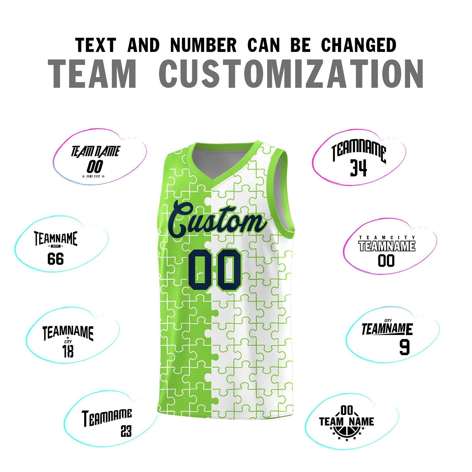 Custom Youth Basketball Jersey Fluorescent Green White Puzzle Pattern Personalized Team Uniform
