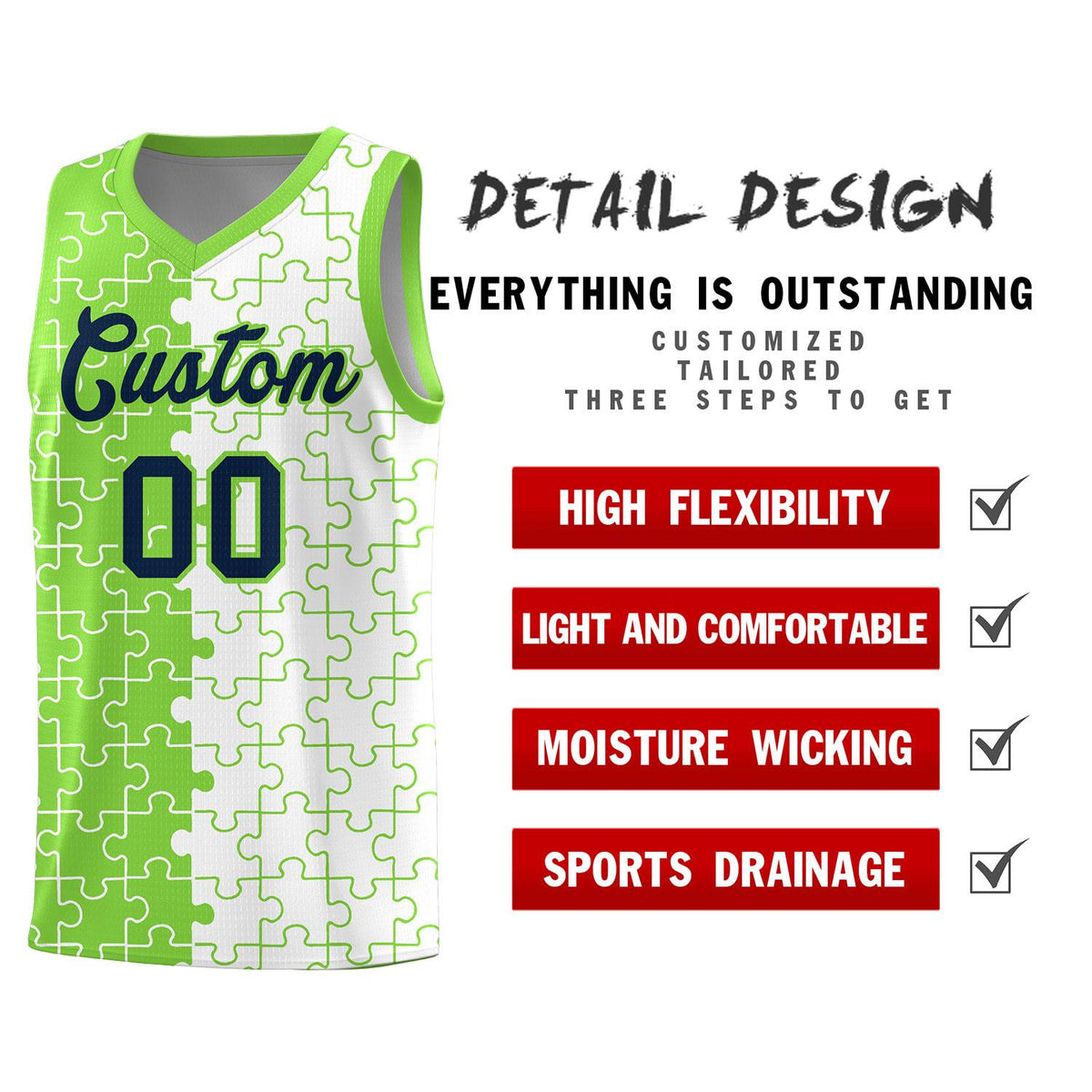 Custom Youth Basketball Jersey Fluorescent Green White Puzzle Pattern Personalized Team Uniform