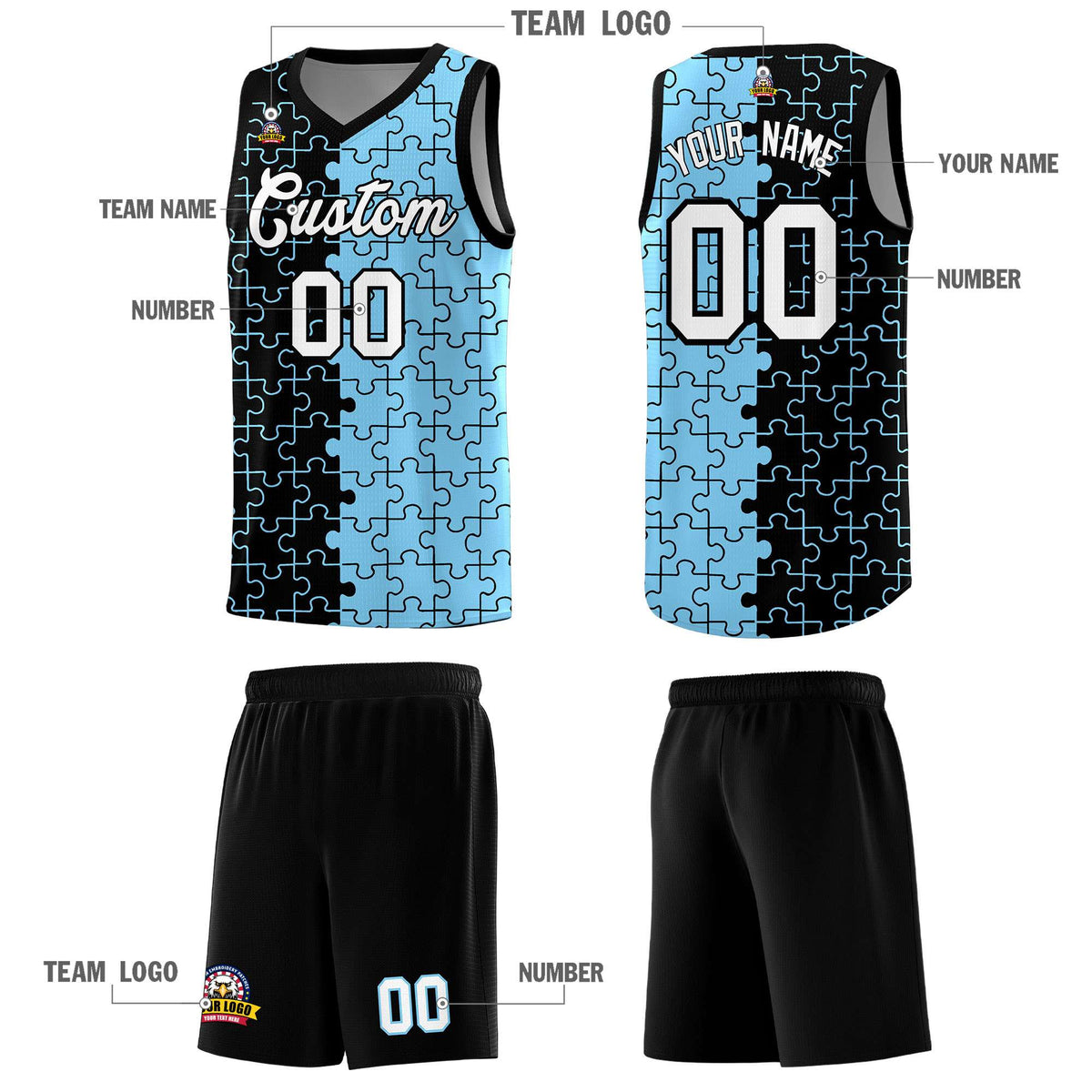 Custom Youth Basketball Jersey Black Light Blue Puzzle Pattern Add Name, Number &amp; Team Logo
