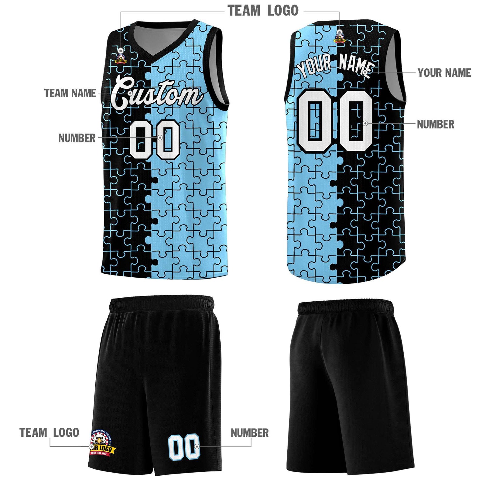 Custom Youth Basketball Jersey Black Light Blue Puzzle Pattern Add Name, Number & Team Logo