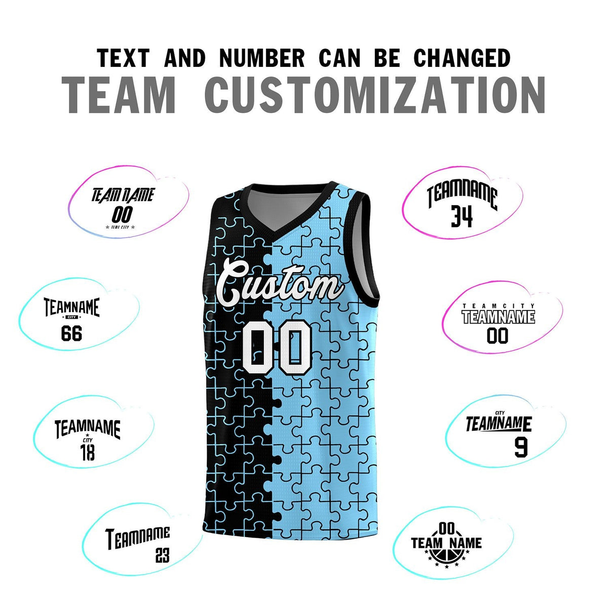 Custom Youth Basketball Jersey Black Light Blue Puzzle Pattern Add Name, Number &amp; Team Logo
