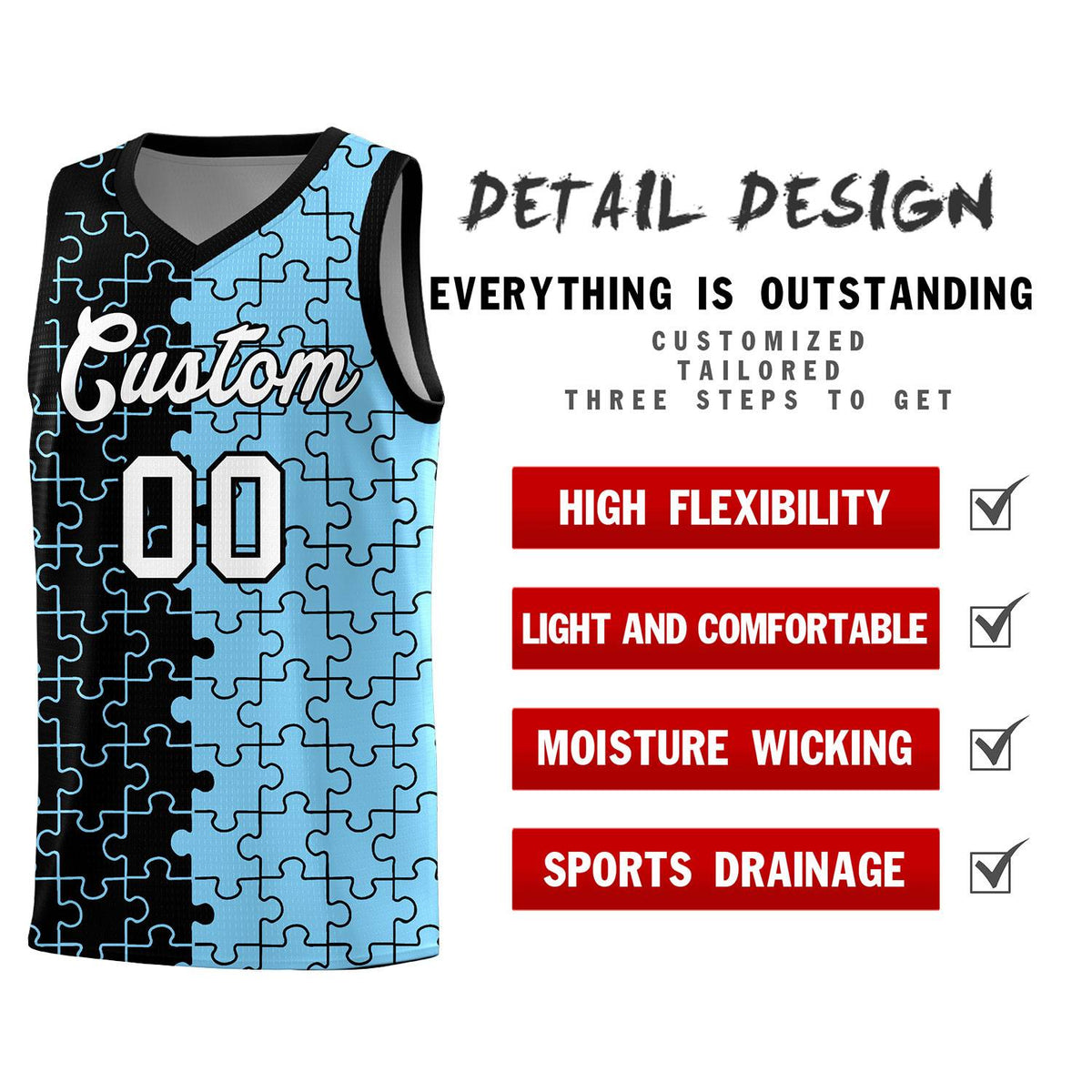 Custom Youth Basketball Jersey Black Light Blue Puzzle Pattern Add Name, Number &amp; Team Logo