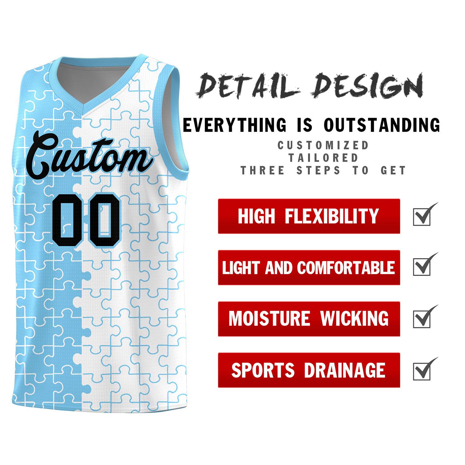 Custom Youth Basketball Jersey Light Blue White Puzzle Pattern Breathable Team Uniform