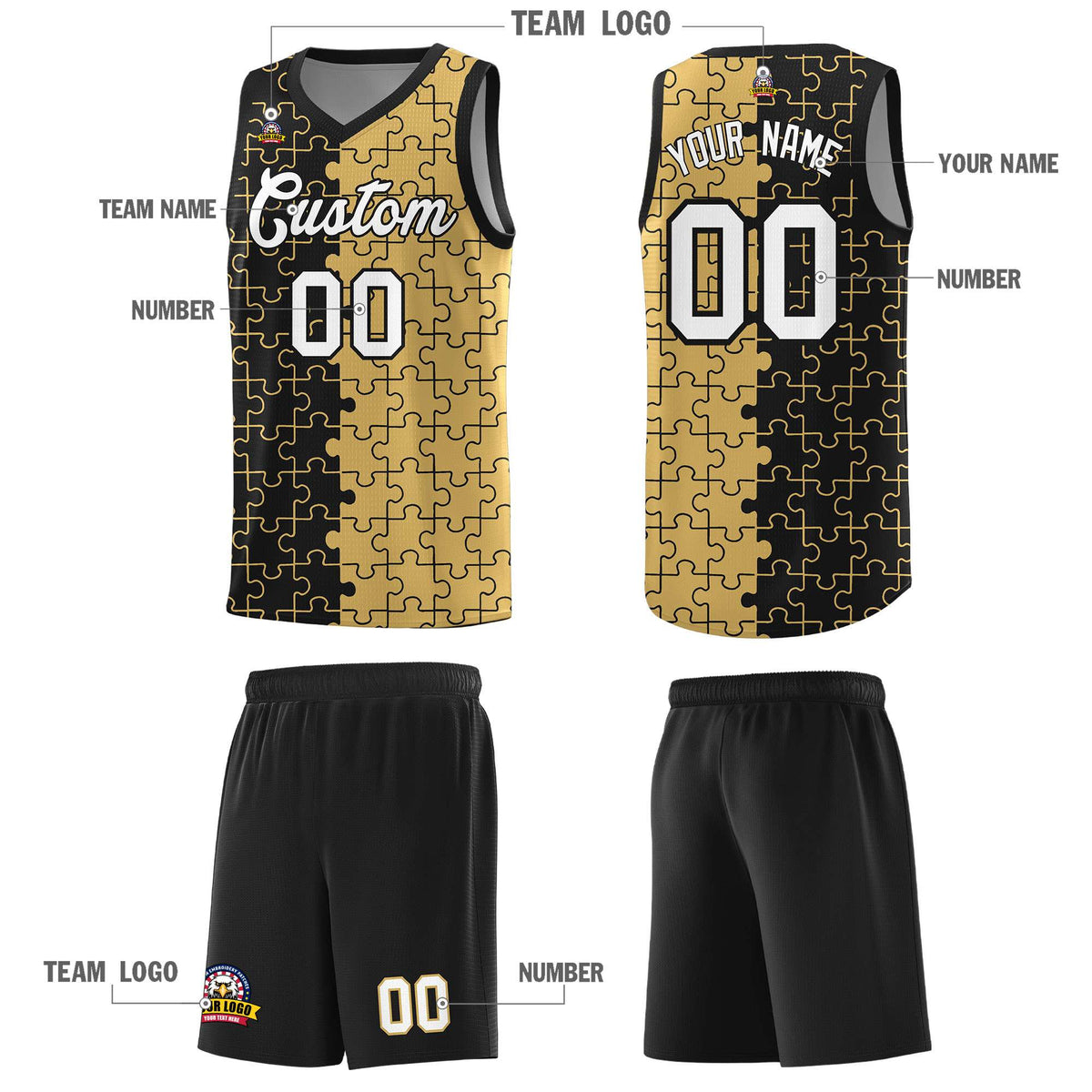 Custom Youth Basketball Jersey Black Old Gold Puzzle Pattern Moisture-Wicking Team Uniform