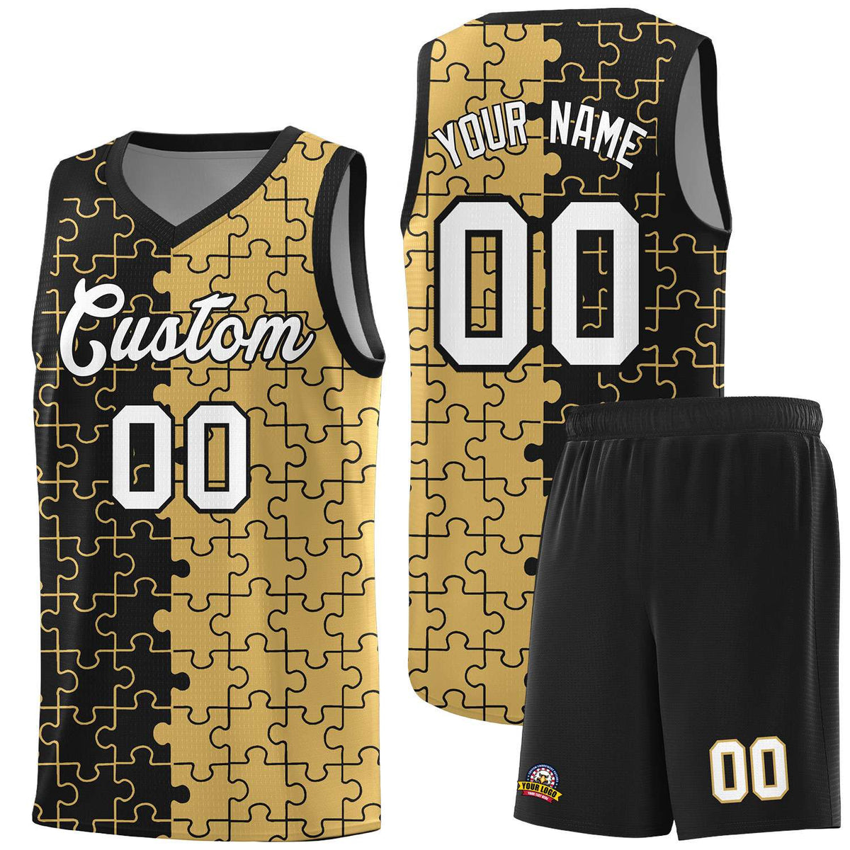 Custom Youth Basketball Jersey Black Old Gold Puzzle Pattern Moisture-Wicking Team Uniform
