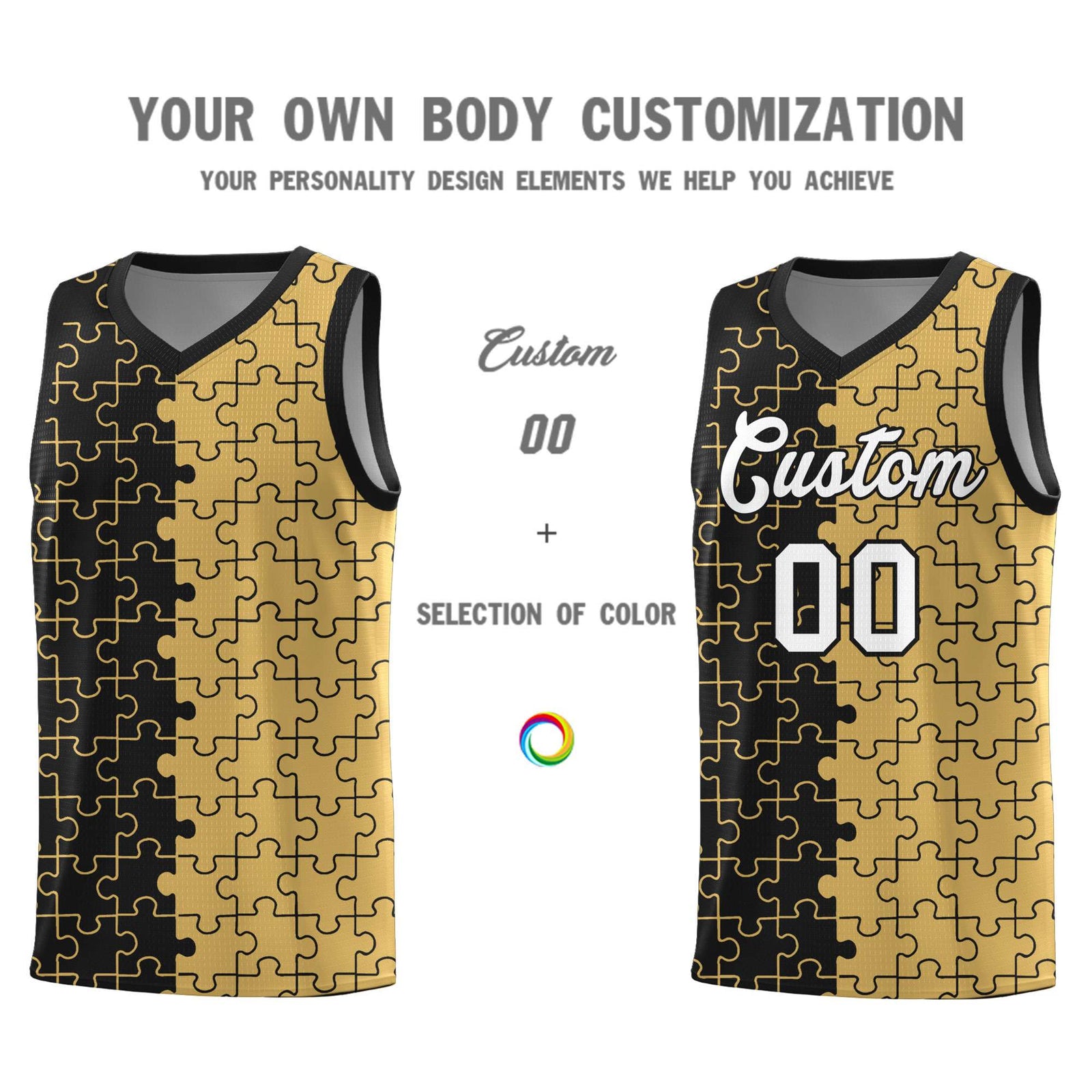 Custom Youth Basketball Jersey Black Old Gold Puzzle Pattern Moisture-Wicking Team Uniform