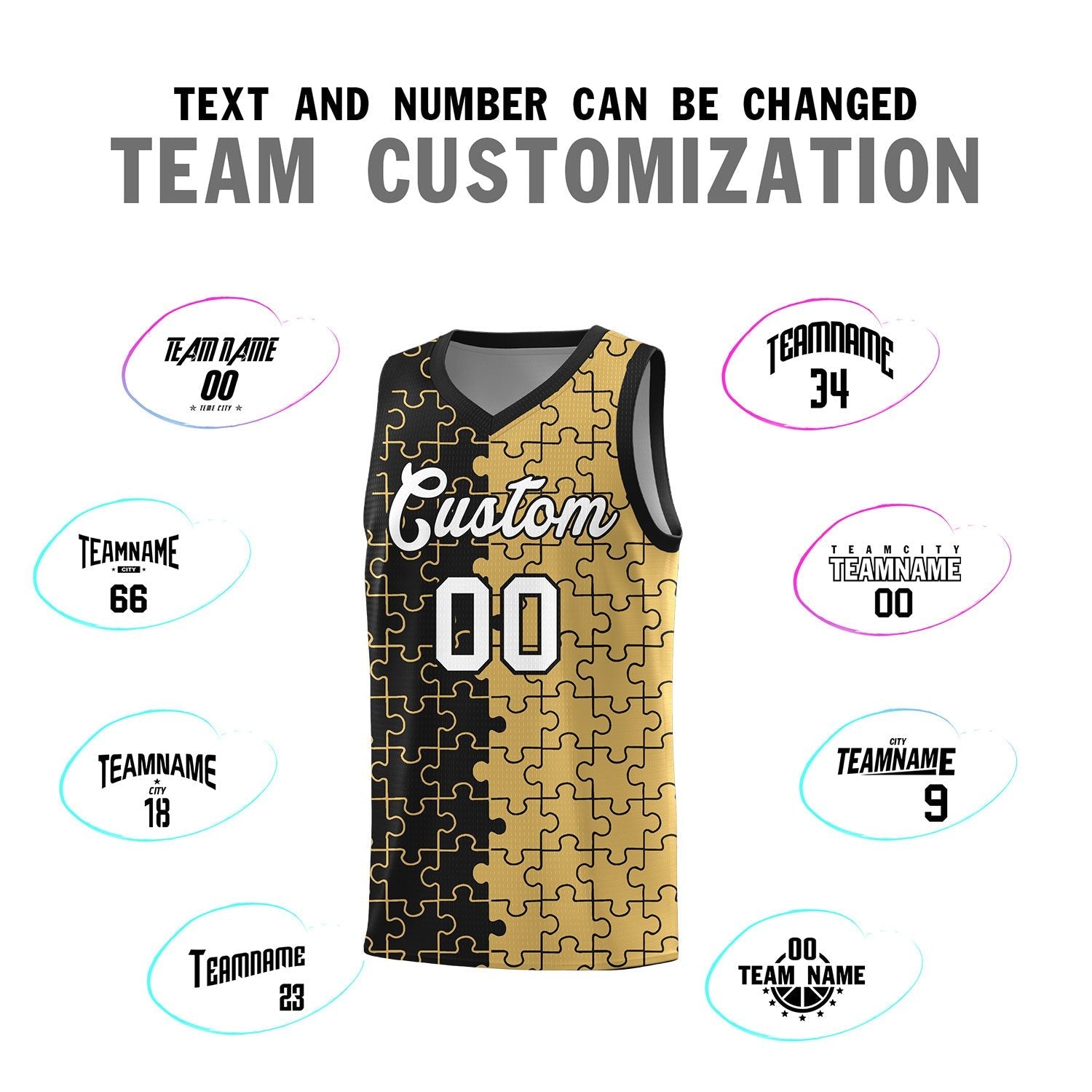 Custom Youth Basketball Jersey Black Old Gold Puzzle Pattern Moisture-Wicking Team Uniform