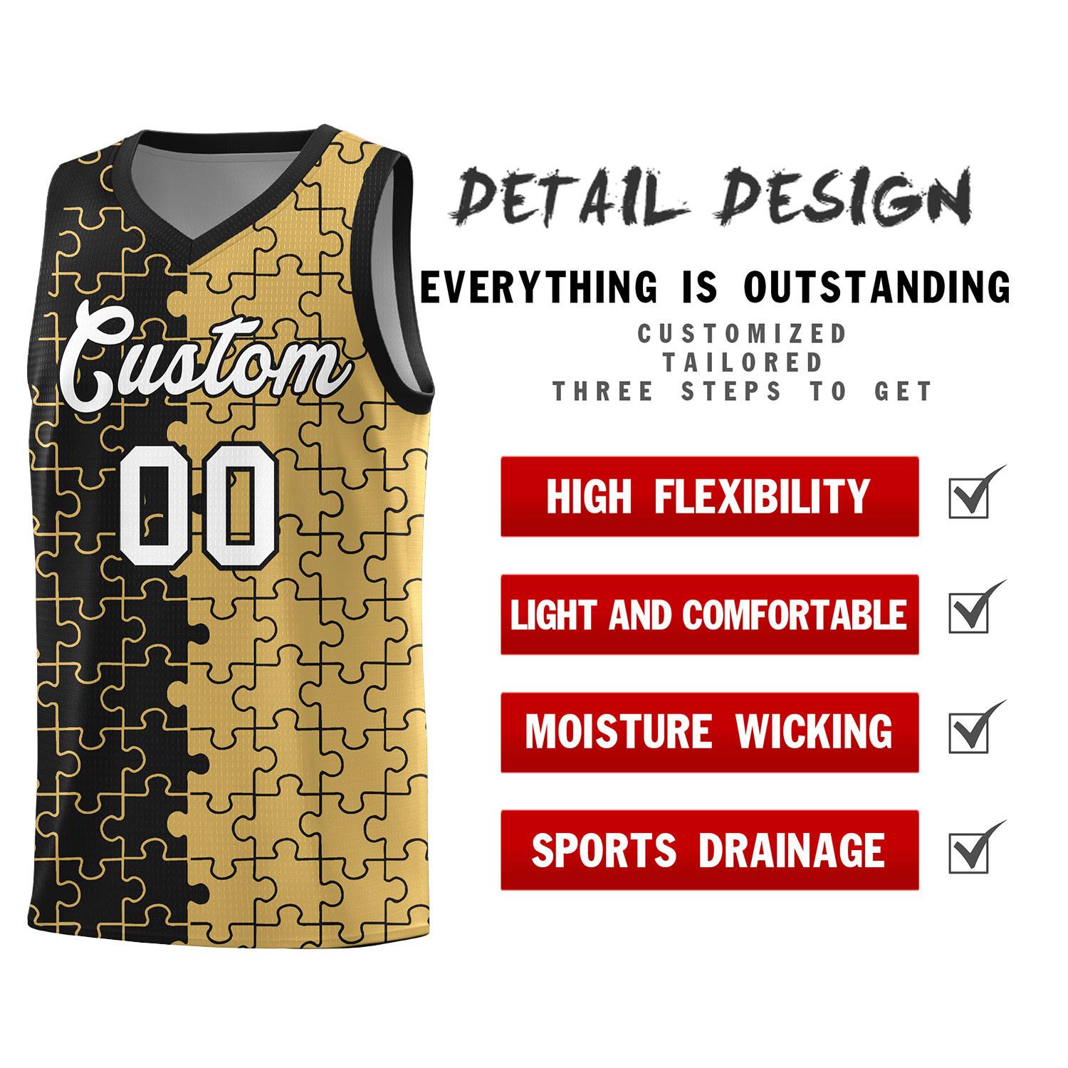 Custom Youth Basketball Jersey Black Old Gold Puzzle Pattern Moisture-Wicking Team Uniform