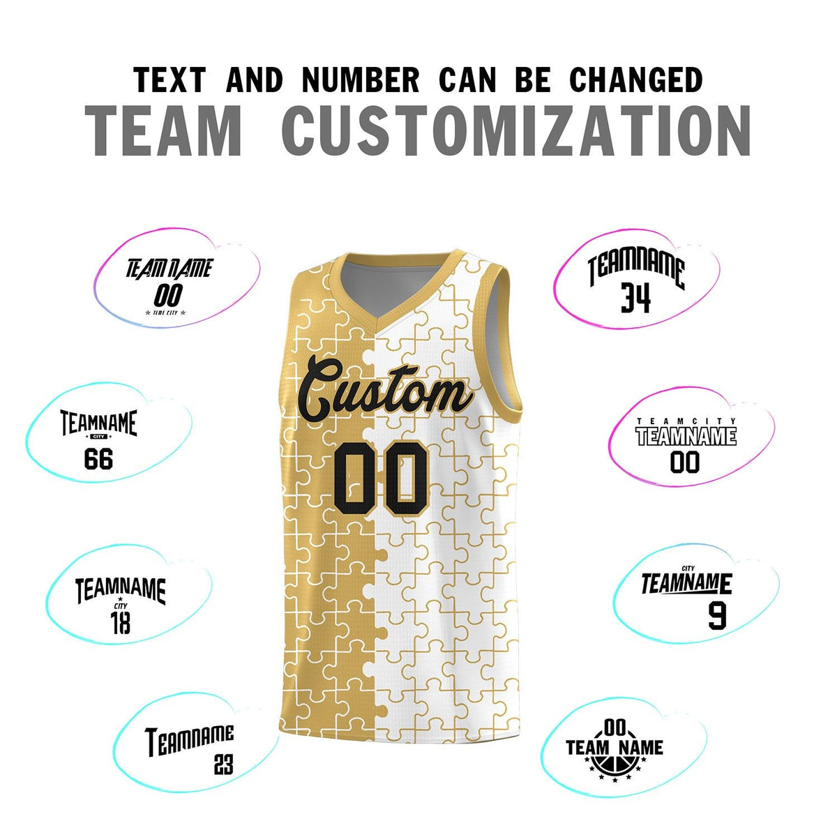 Custom Youth Basketball Jersey Old Gold White Puzzle Pattern Personalized Team Uniform