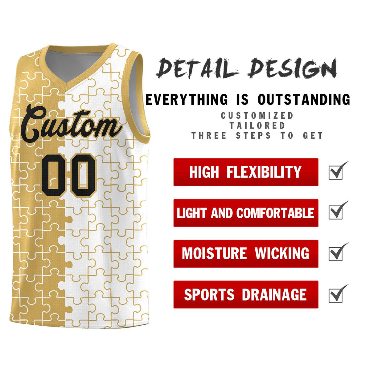 Custom Youth Basketball Jersey Old Gold White Puzzle Pattern Personalized Team Uniform