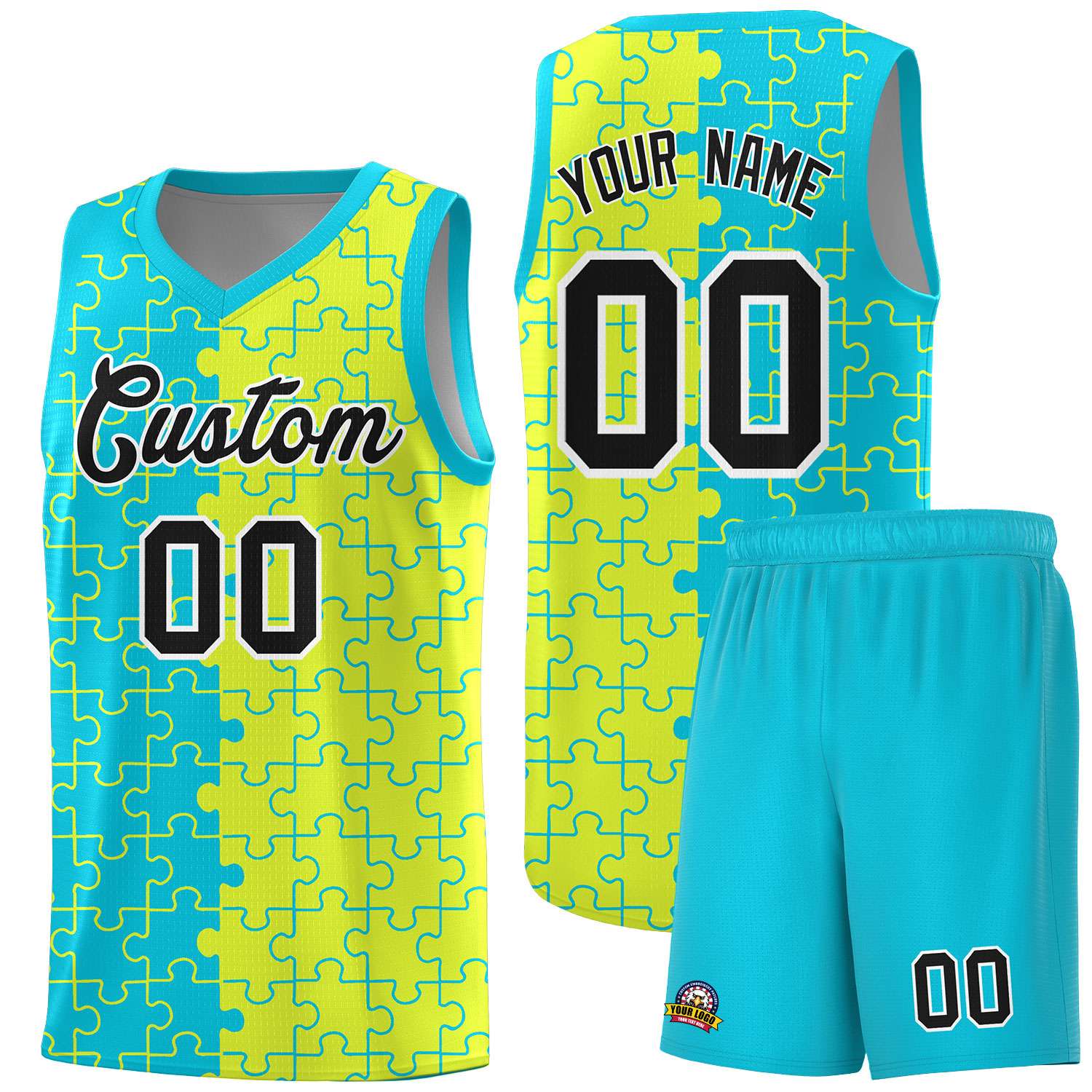 Custom Youth Basketball Jersey Sky Blue Fluorescent Green Puzzle Pattern Personalized Team Uniform