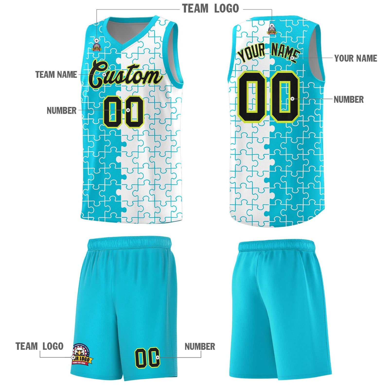 Custom Youth Basketball Jersey Sky Blue White Puzzle Pattern Breathable Team Uniform