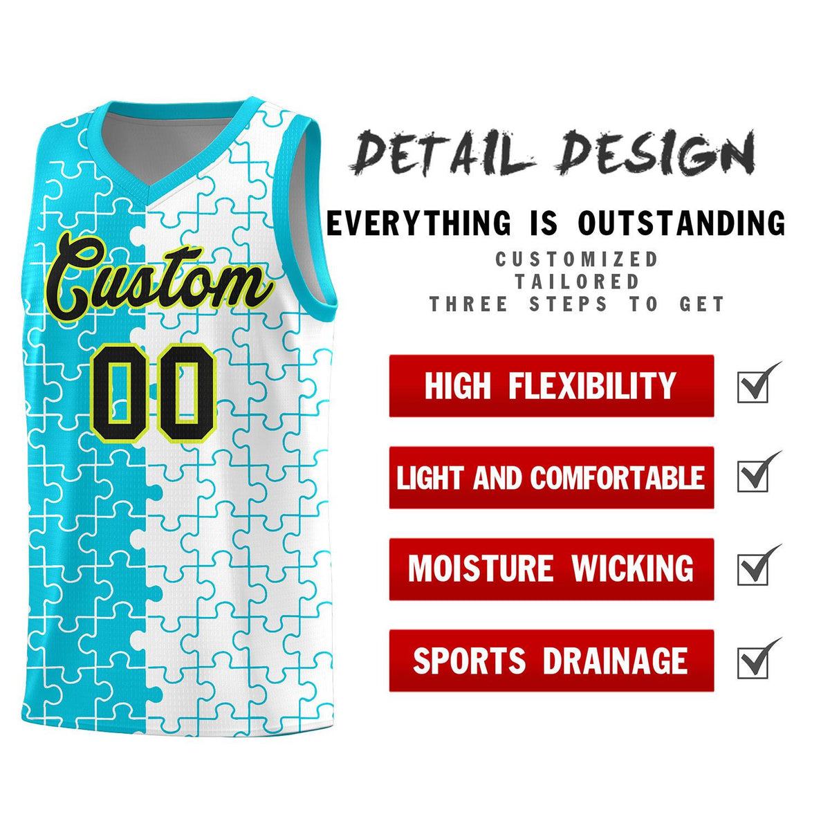 Custom Youth Basketball Jersey Sky Blue White Puzzle Pattern Breathable Team Uniform