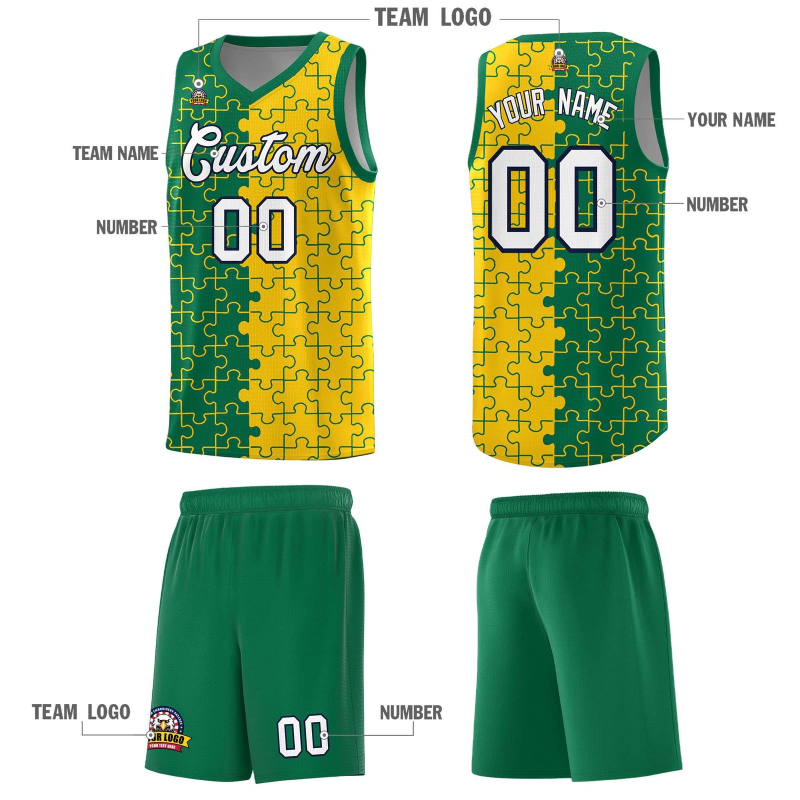 Custom Youth Basketball Jersey Kelly Green Gold Puzzle Pattern Personalized Team Uniform