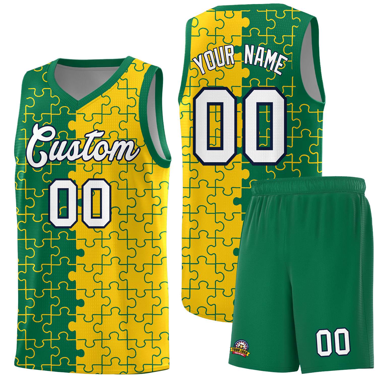 Custom Youth Basketball Jersey Kelly Green Gold Puzzle Pattern Personalized Team Uniform