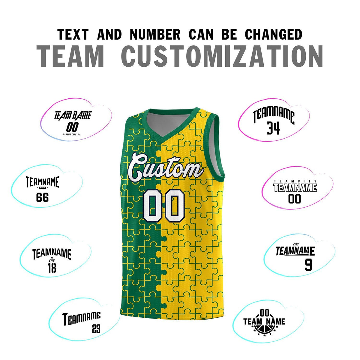Custom Youth Basketball Jersey Kelly Green Gold Puzzle Pattern Personalized Team Uniform