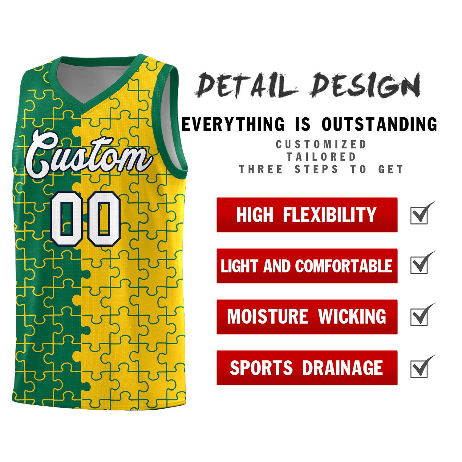 Custom Youth Basketball Jersey Kelly Green Gold Puzzle Pattern Personalized Team Uniform