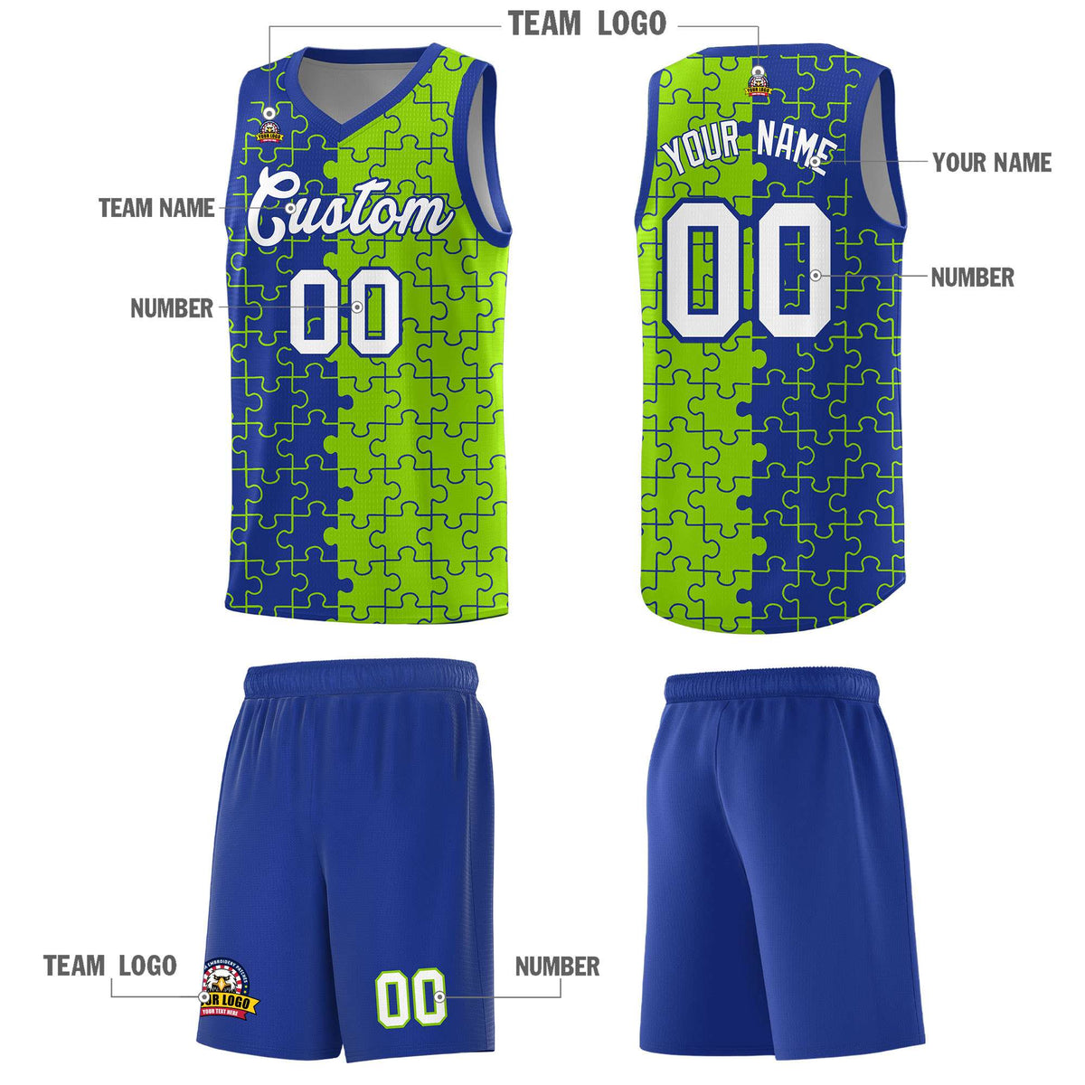 Custom Youth Basketball Jersey Royal Blue Neon Green Puzzle Pattern Moisture-Wicking Team Uniform
