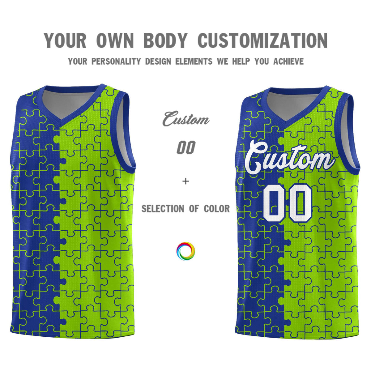 Custom Youth Basketball Jersey Royal Blue Neon Green Puzzle Pattern Moisture-Wicking Team Uniform