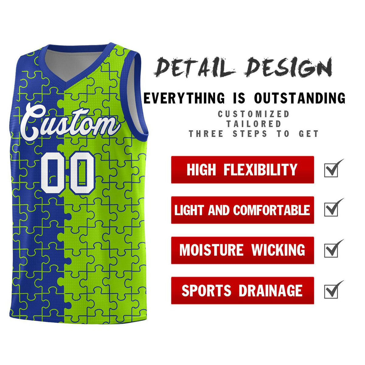 Custom Youth Basketball Jersey Royal Blue Neon Green Puzzle Pattern Moisture-Wicking Team Uniform