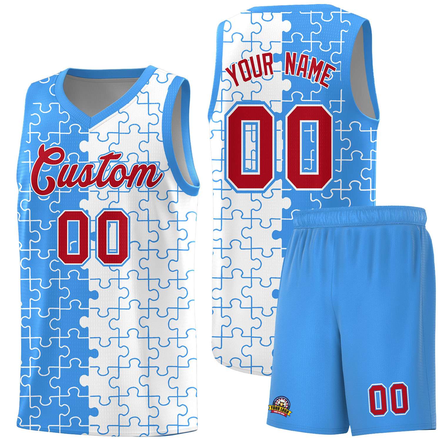 Custom Youth Basketball Jersey Light Blue White Puzzle Pattern Personalized Team Uniform