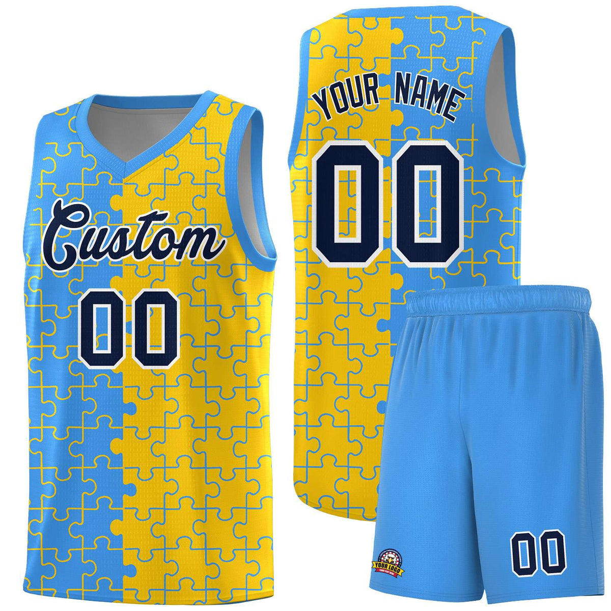 Custom Youth Basketball Jersey Light Blue Gold Puzzle Pattern Add Name, Number &amp; Team Logo