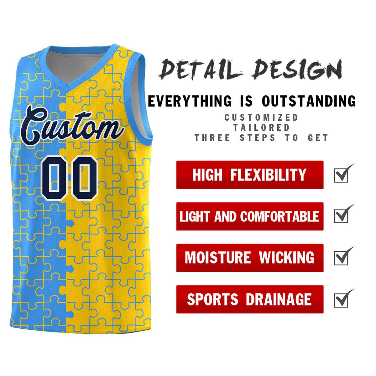 Custom Youth Basketball Jersey Light Blue Gold Puzzle Pattern Add Name, Number &amp; Team Logo