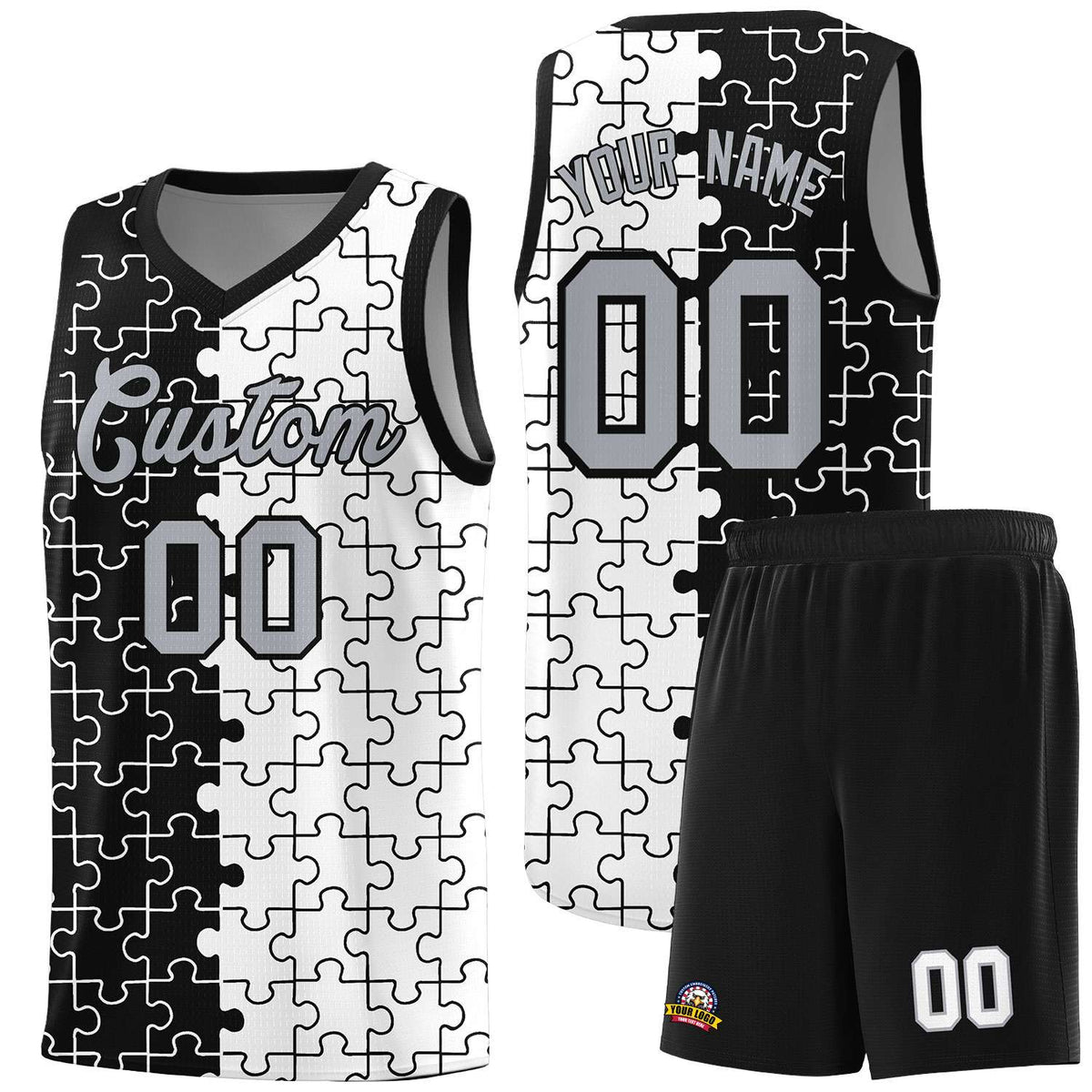 Custom Youth Basketball Jersey Black White Puzzle Pattern Breathable Team Uniform