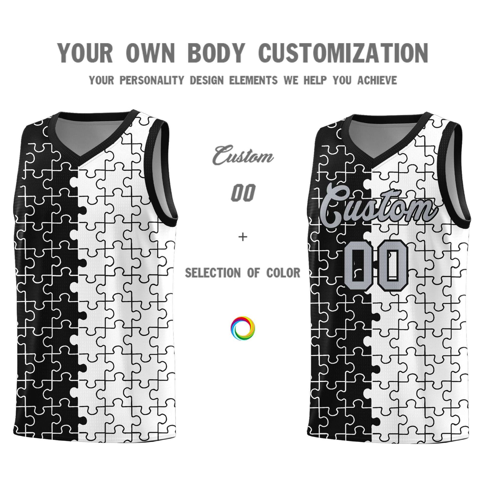 Custom Youth Basketball Jersey Black White Puzzle Pattern Breathable Team Uniform