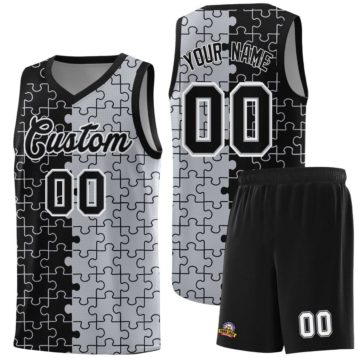 Custom Youth Basketball Jersey Black Gray Puzzle Pattern Moisture-Wicking Team Uniform