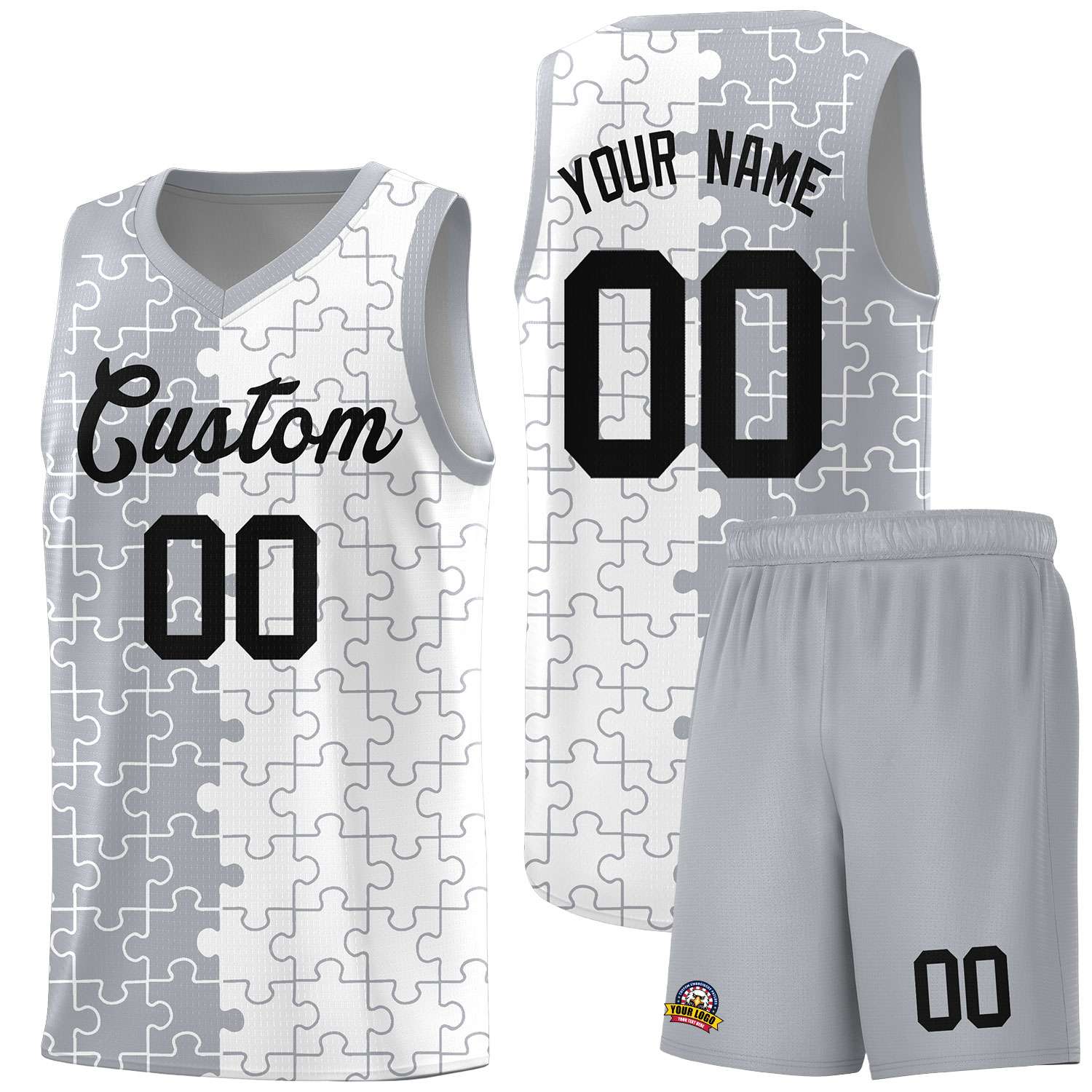 Custom Youth Basketball Jersey Gray White Puzzle Pattern Personalized Team Uniform