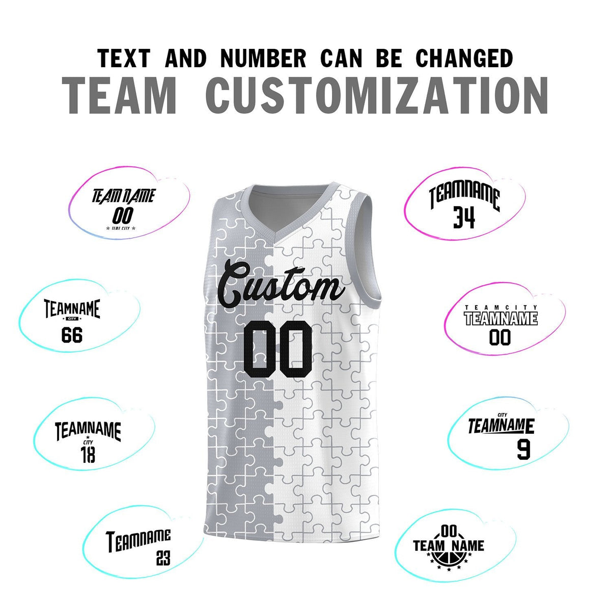 Custom Youth Basketball Jersey Gray White Puzzle Pattern Personalized Team Uniform