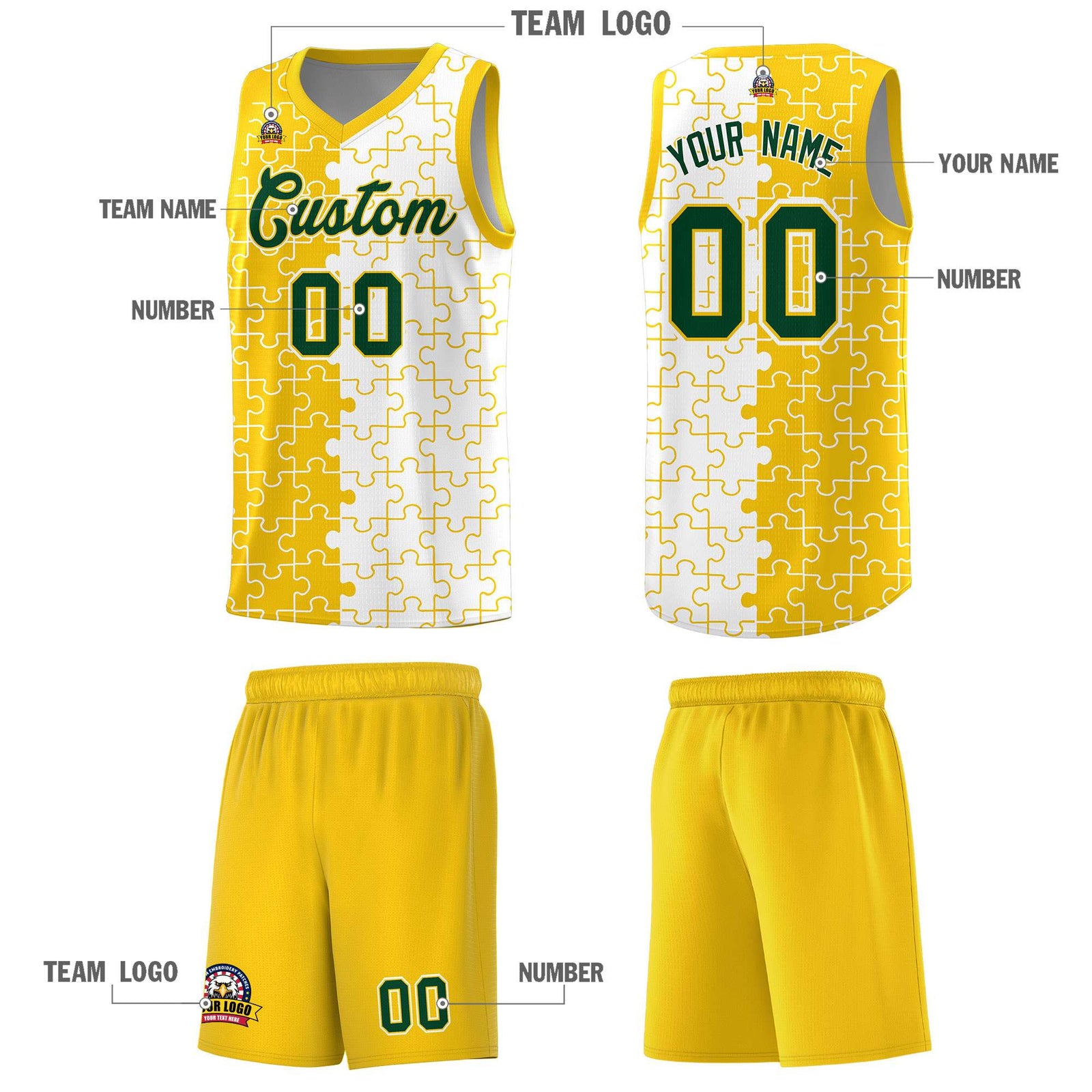 Custom Youth Basketball Jersey Gold White Puzzle Pattern Add Name, Number & Team Logo