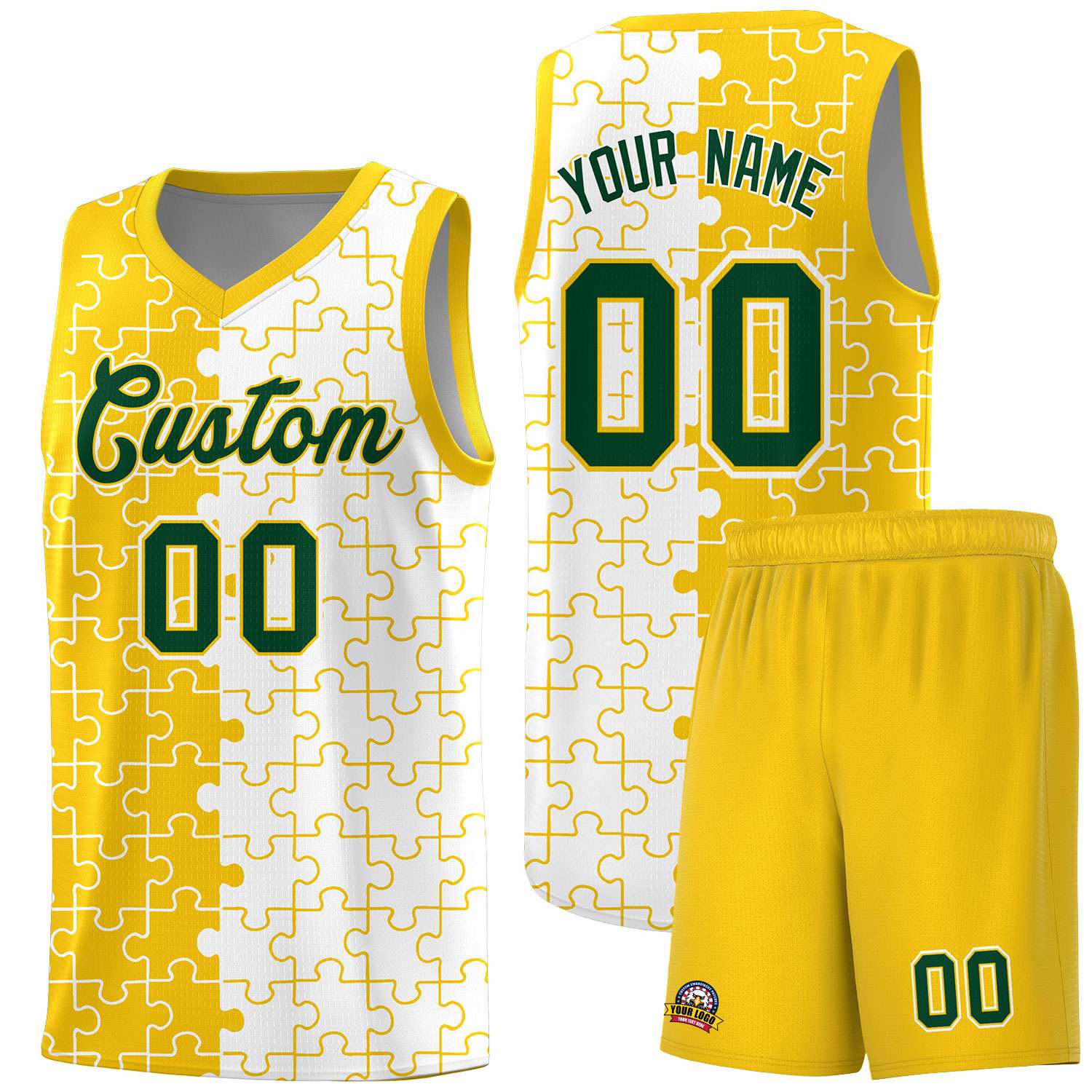 Custom Youth Basketball Jersey Gold White Puzzle Pattern Add Name, Number & Team Logo