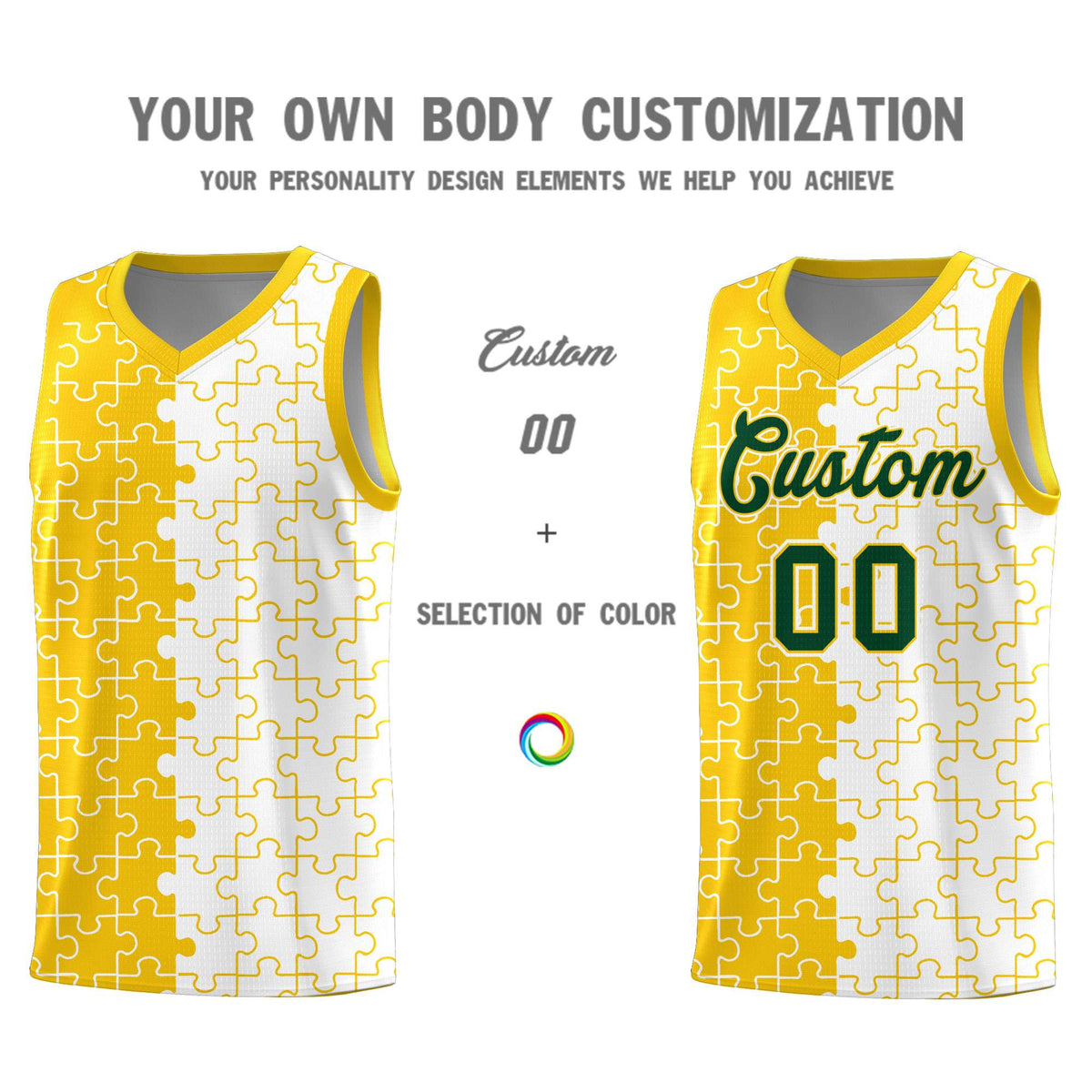 Custom Youth Basketball Jersey Gold White Puzzle Pattern Add Name, Number &amp; Team Logo
