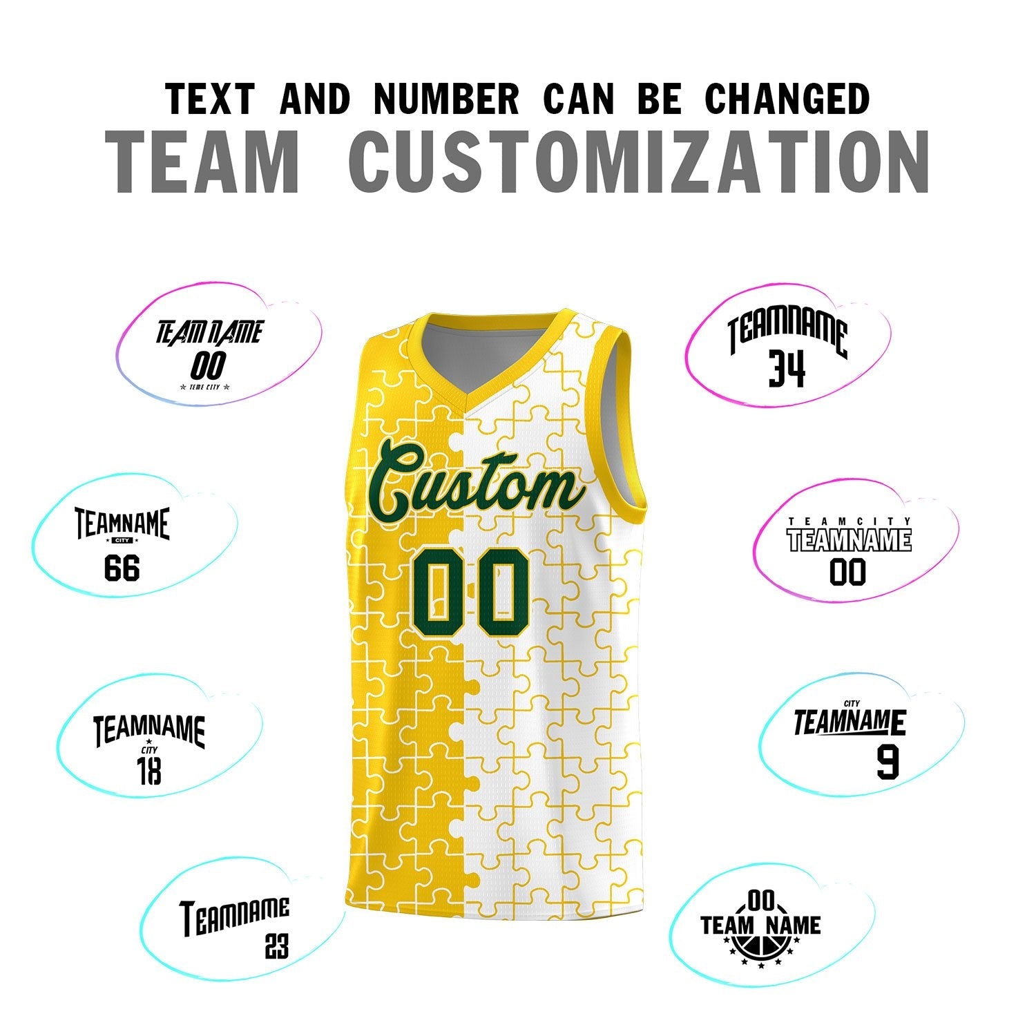Custom Youth Basketball Jersey Gold White Puzzle Pattern Add Name, Number & Team Logo