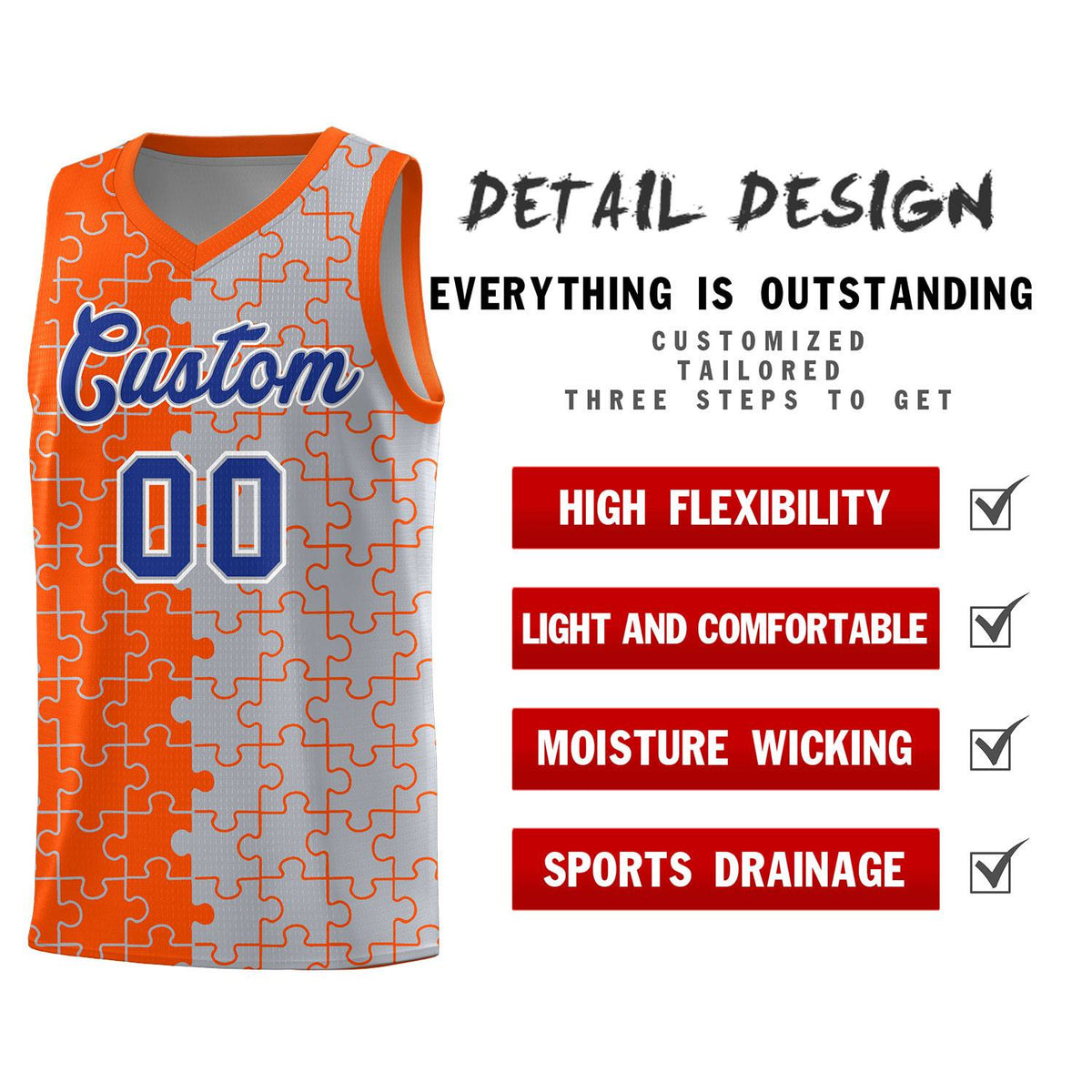 Custom Youth Basketball Jersey Orange Gray Puzzle Pattern Personalized Team Uniform