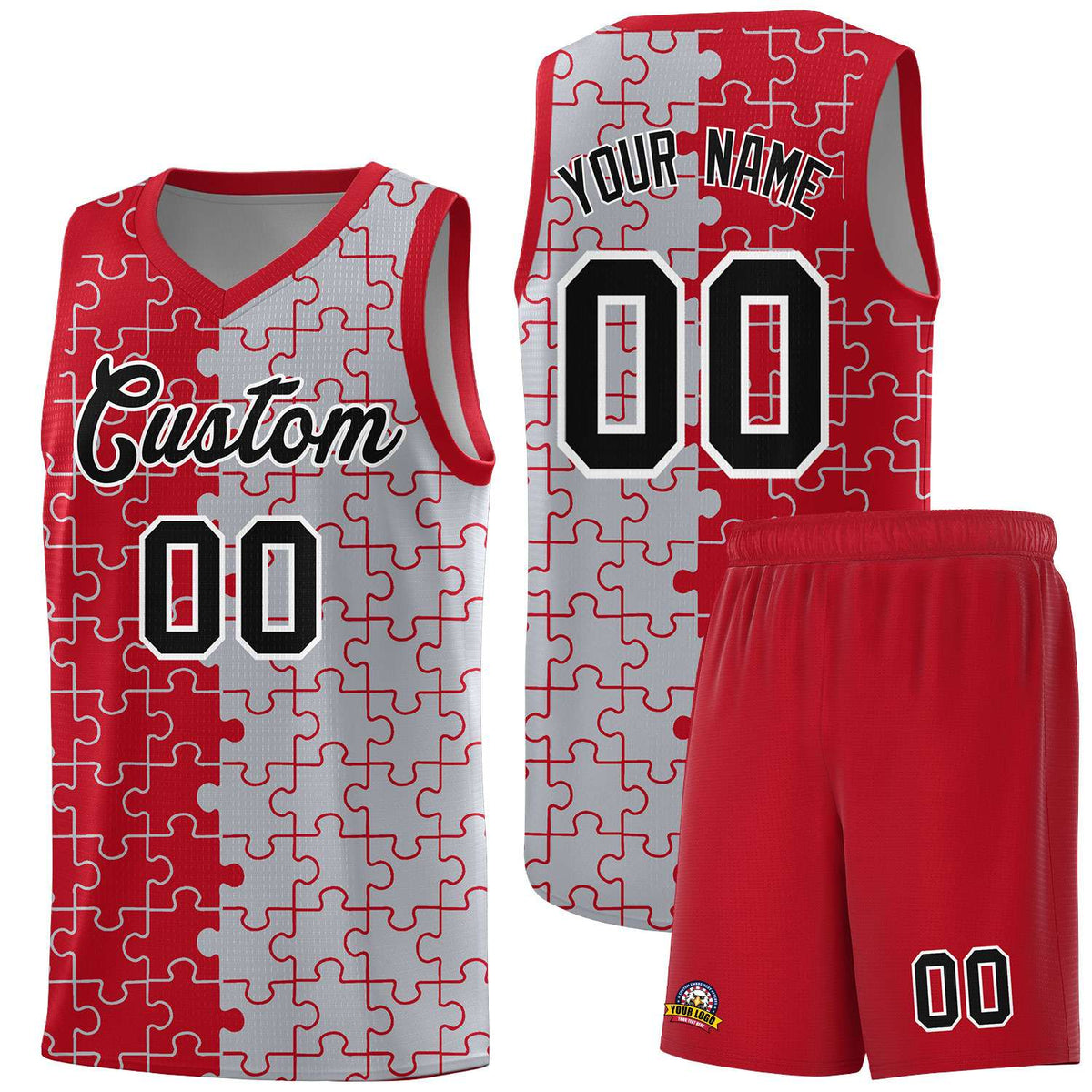 Custom Youth Basketball Jersey Red Gray Puzzle Pattern Add Name, Number &amp; Team Logo