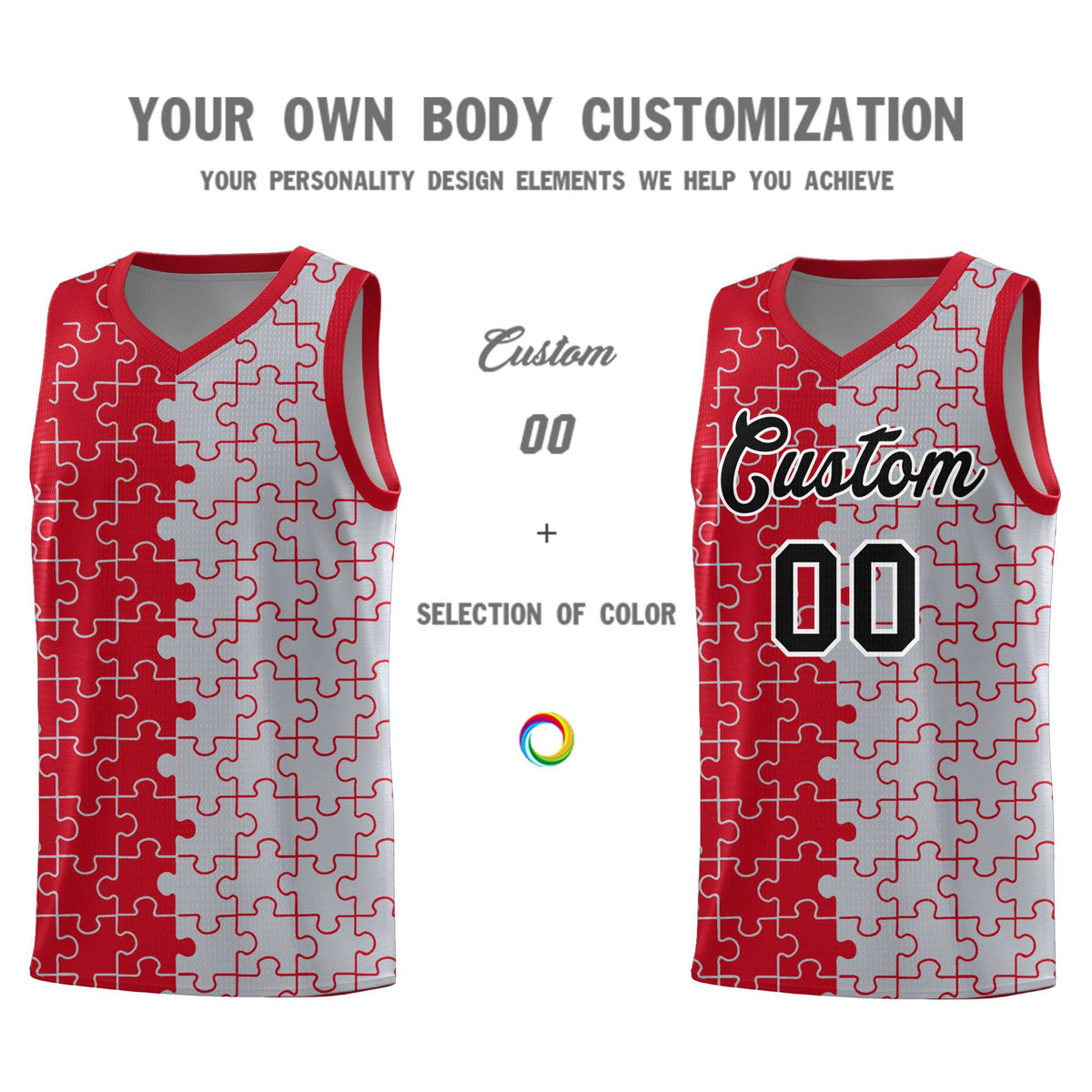 Custom Youth Basketball Jersey Red Gray Puzzle Pattern Add Name, Number &amp; Team Logo