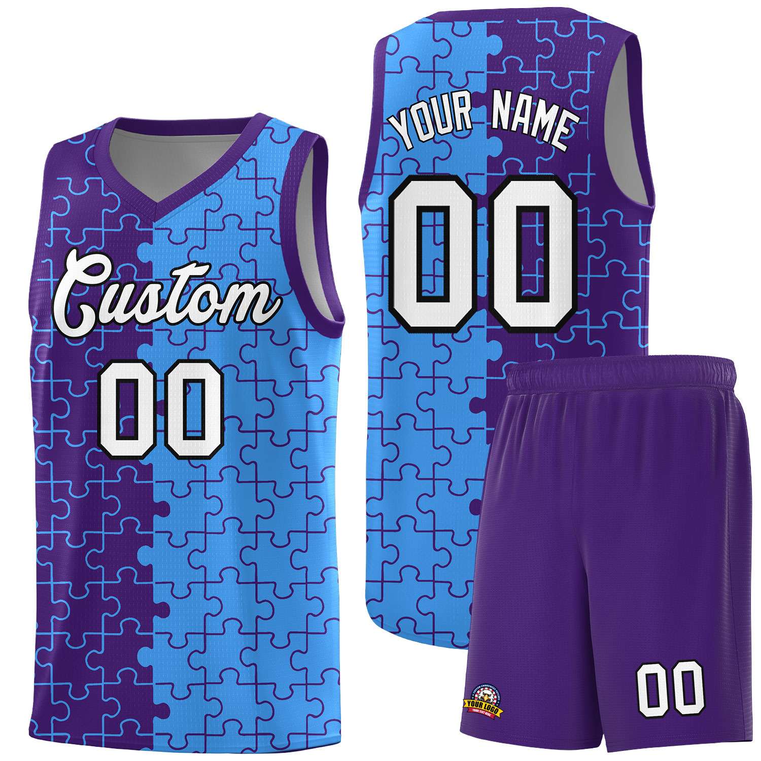 Custom Youth Basketball Jersey Purple Light Blue Puzzle Pattern Breathable Team Uniform