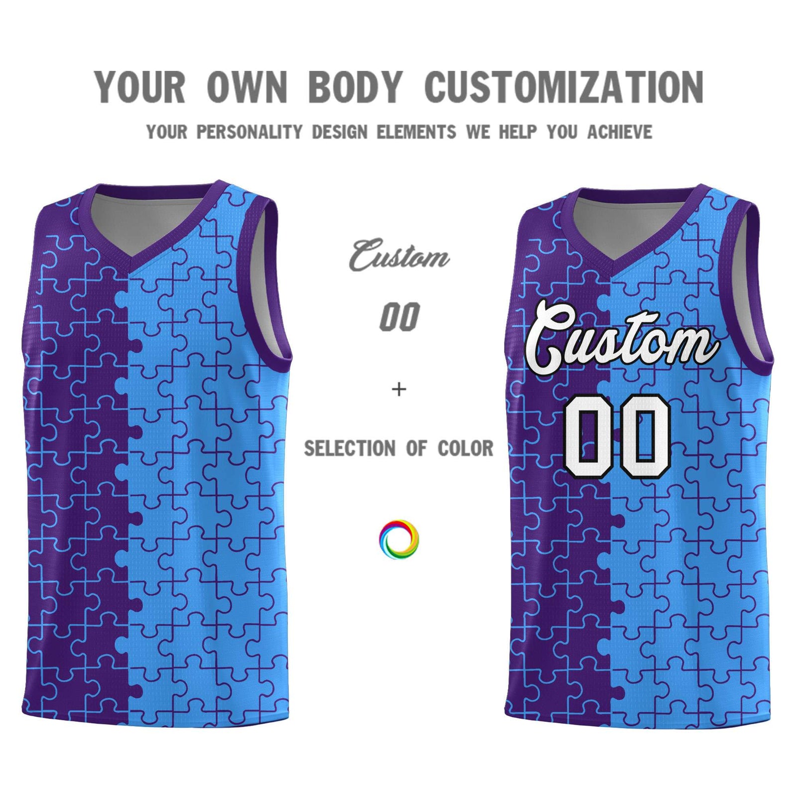 Custom Youth Basketball Jersey Purple Light Blue Puzzle Pattern Breathable Team Uniform