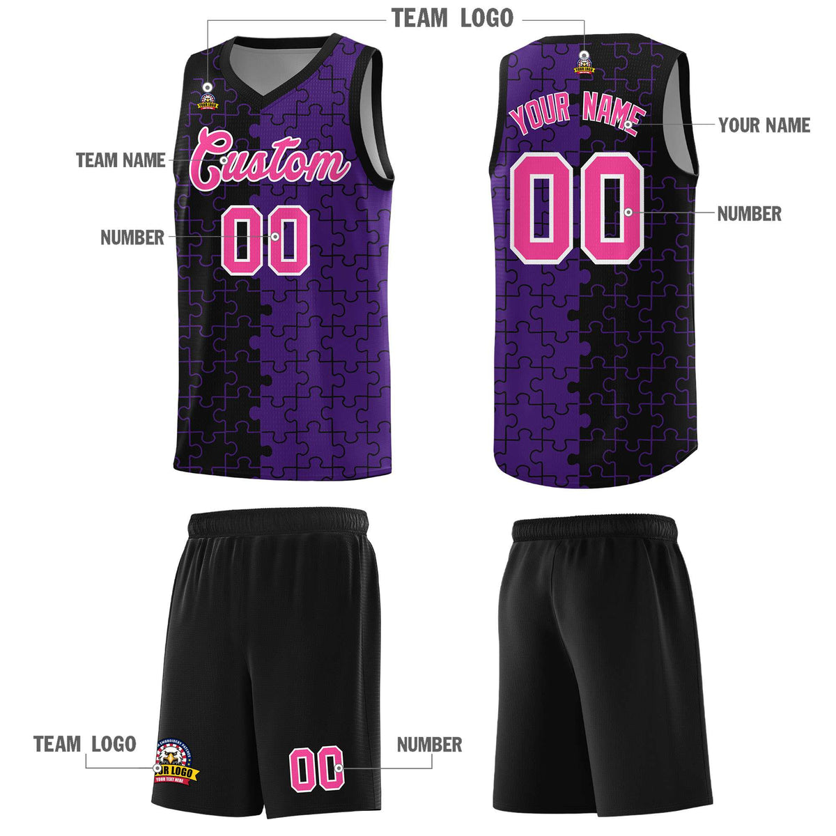 Custom Youth Basketball Jersey Black Purple Puzzle Pattern Personalized Team Uniform