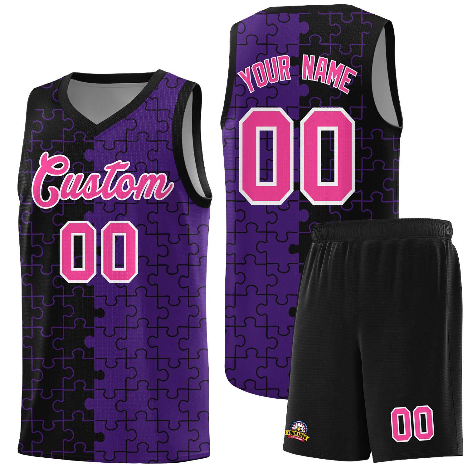 Custom Youth Basketball Jersey Black Purple Puzzle Pattern Personalized Team Uniform