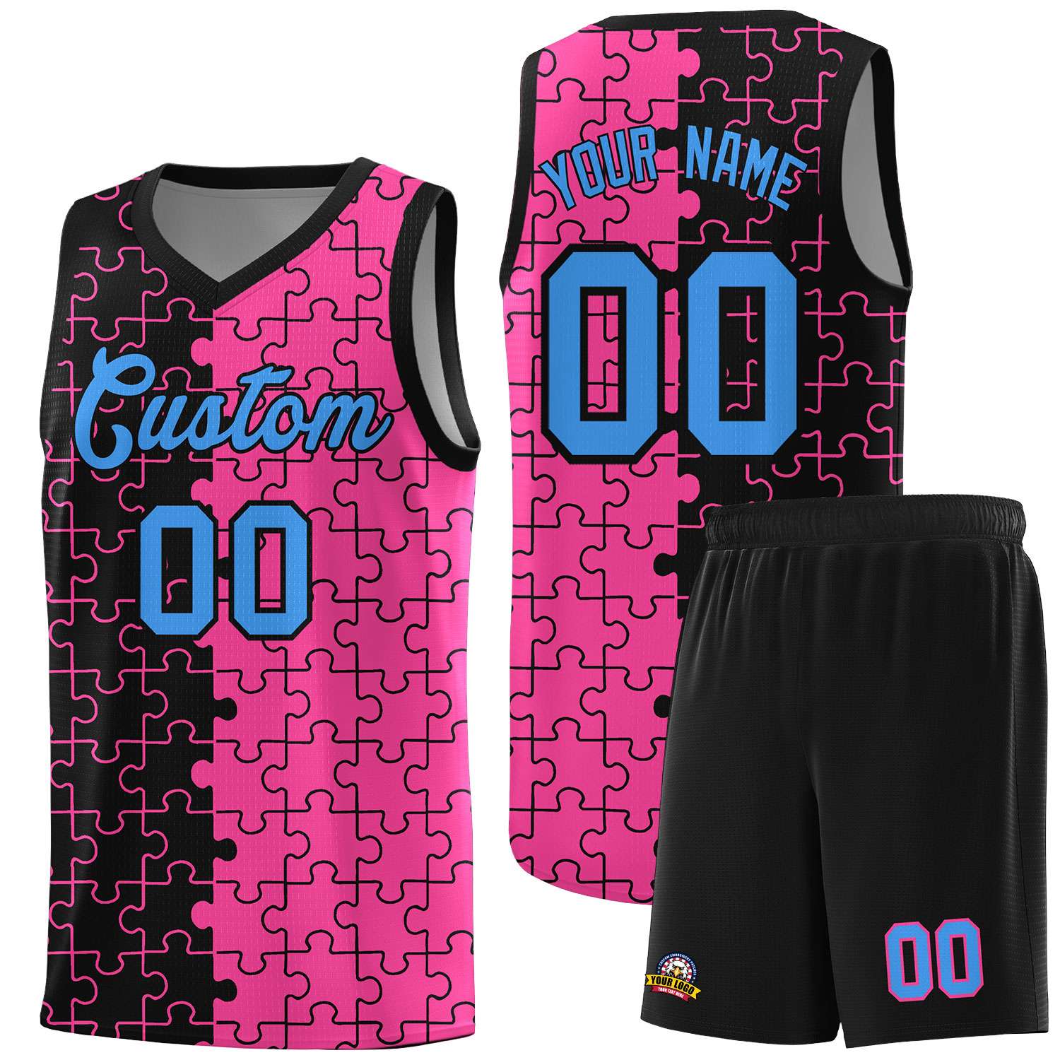 Custom Youth Basketball Jersey Black Pink Puzzle Pattern Add Name, Number & Team Logo