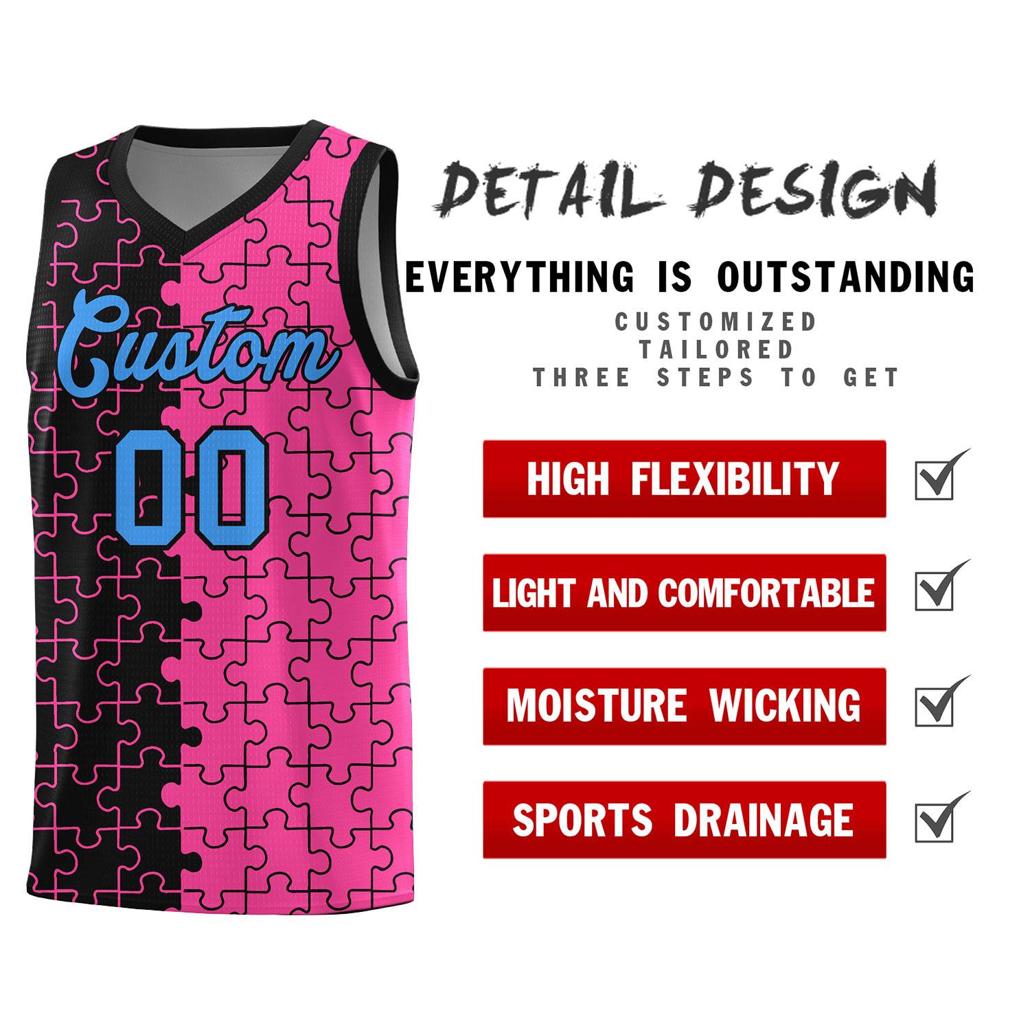 Custom Youth Basketball Jersey Black Pink Puzzle Pattern Add Name, Number & Team Logo