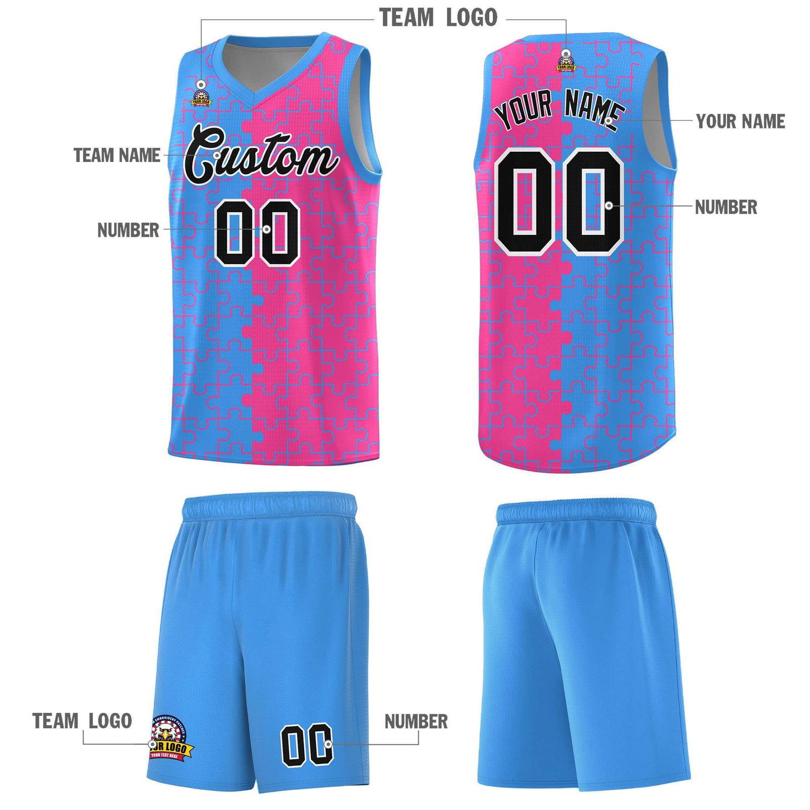 Custom Youth Basketball Jersey Light Blue Pink Puzzle Pattern Breathable Team Uniform